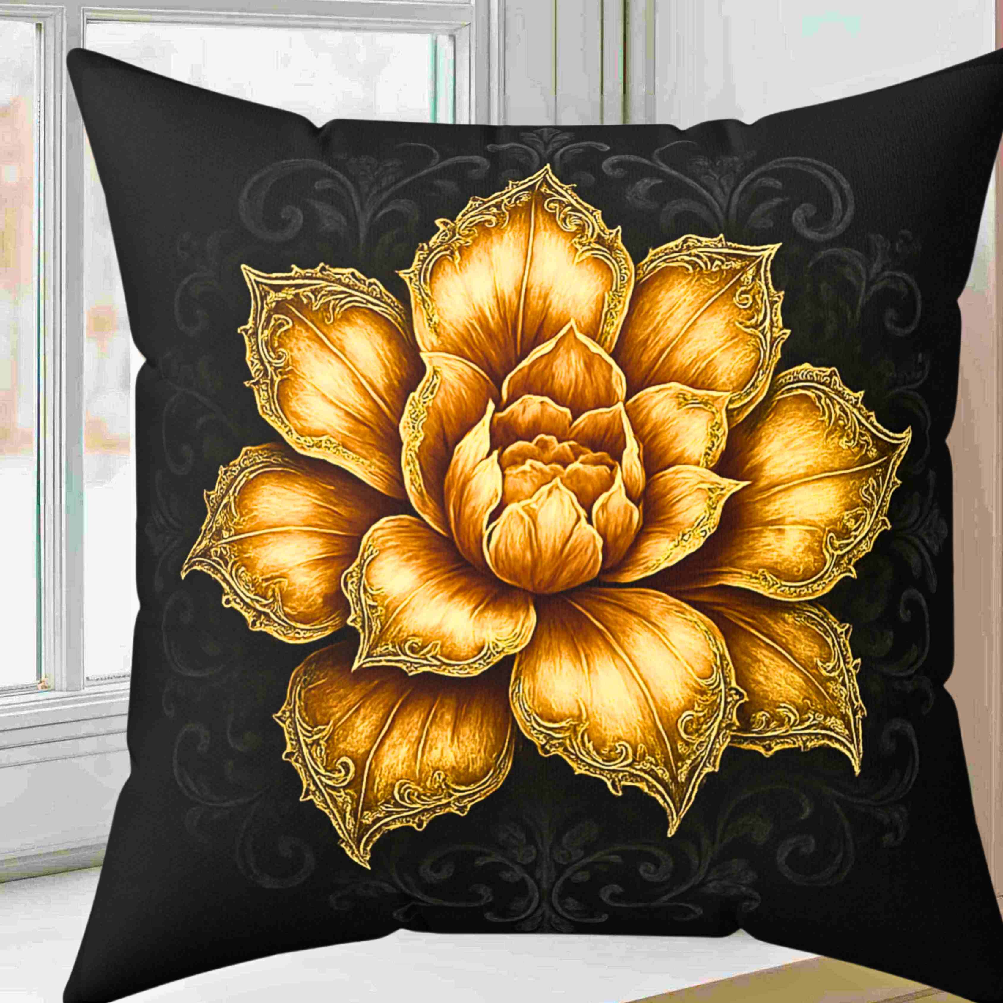 Golden Lotus Flower Pillow | Floral Decorative Throw Pillow, Botanical Home Decor product thumbnail image