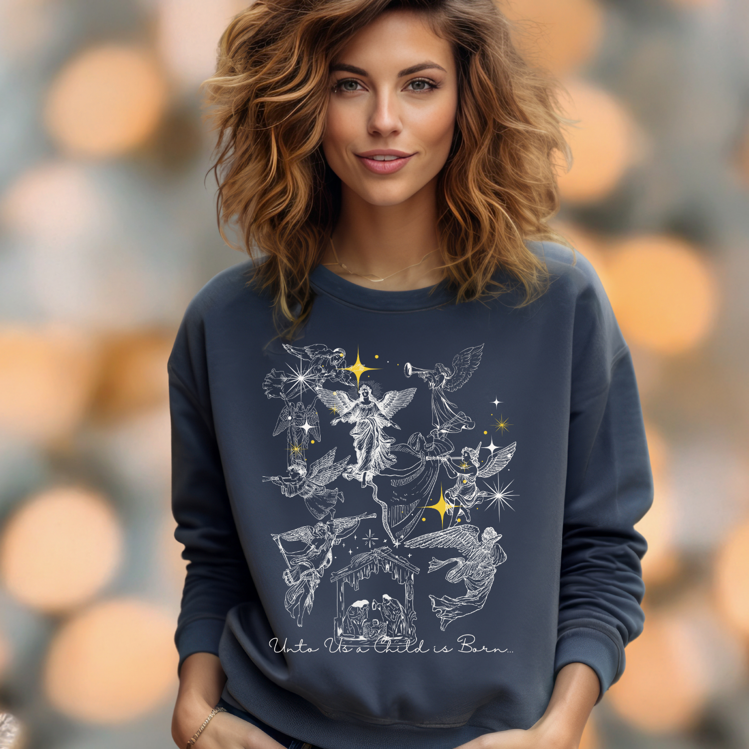 Celestial Angel Constellation Nativity Sweatshirt "Unto us a Child is Born..." on a Comfort Color Crewneck