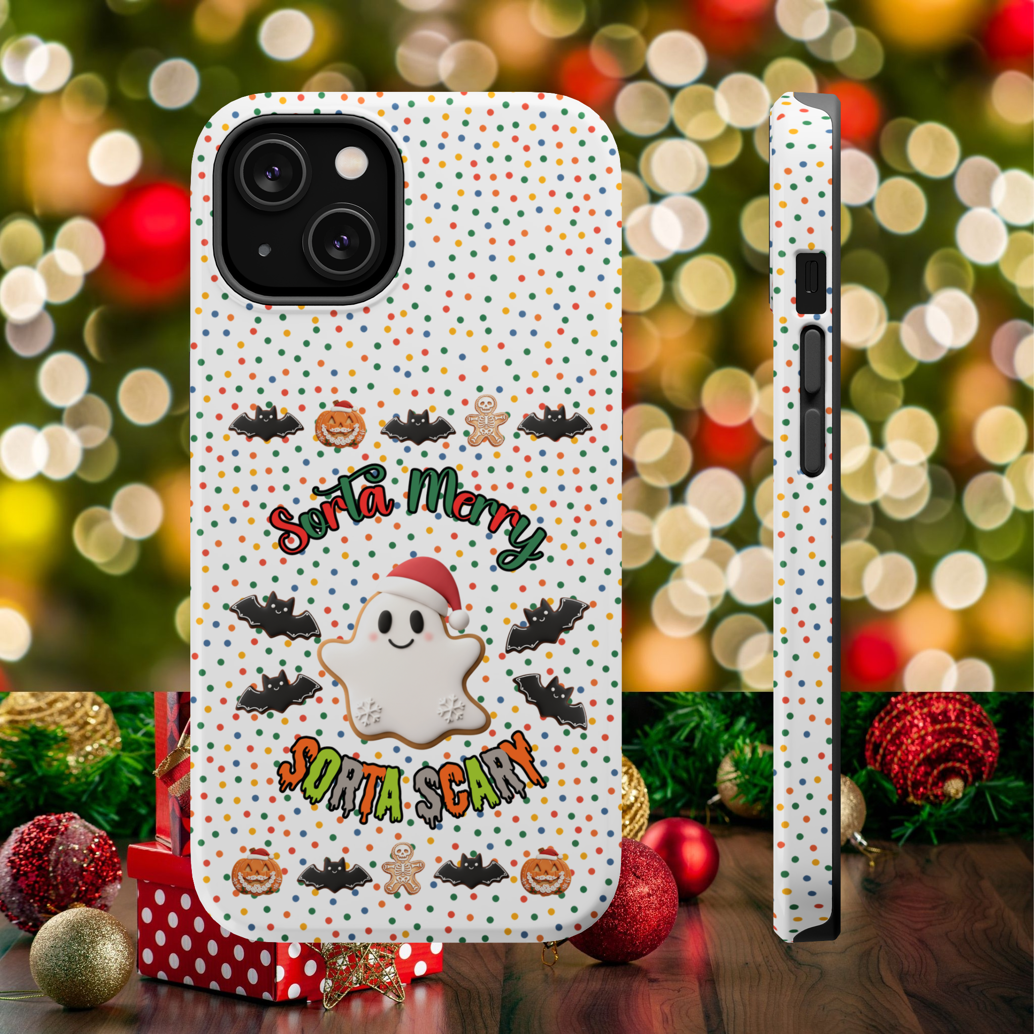 Customizable Sorta Merry, Sorta Scary iPhone Case — Spooky Christmas Cookie Design | MagSafe Compatible Double-Layer Cover product thumbnail image