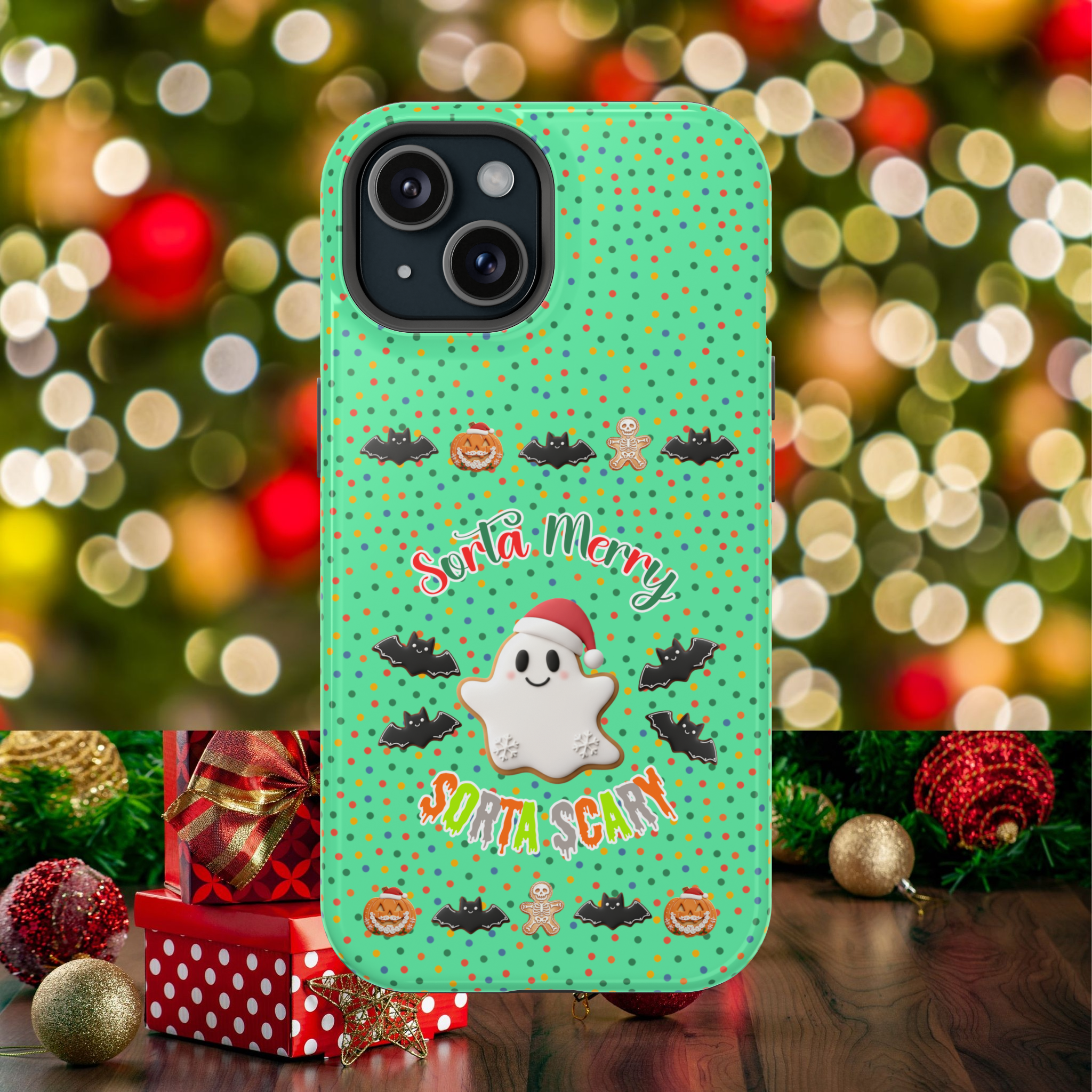 Customizable Sorta Merry, Sorta Scary iPhone Case — Spooky Christmas Cookie Design | MagSafe Compatible Double-Layer Cover product thumbnail image