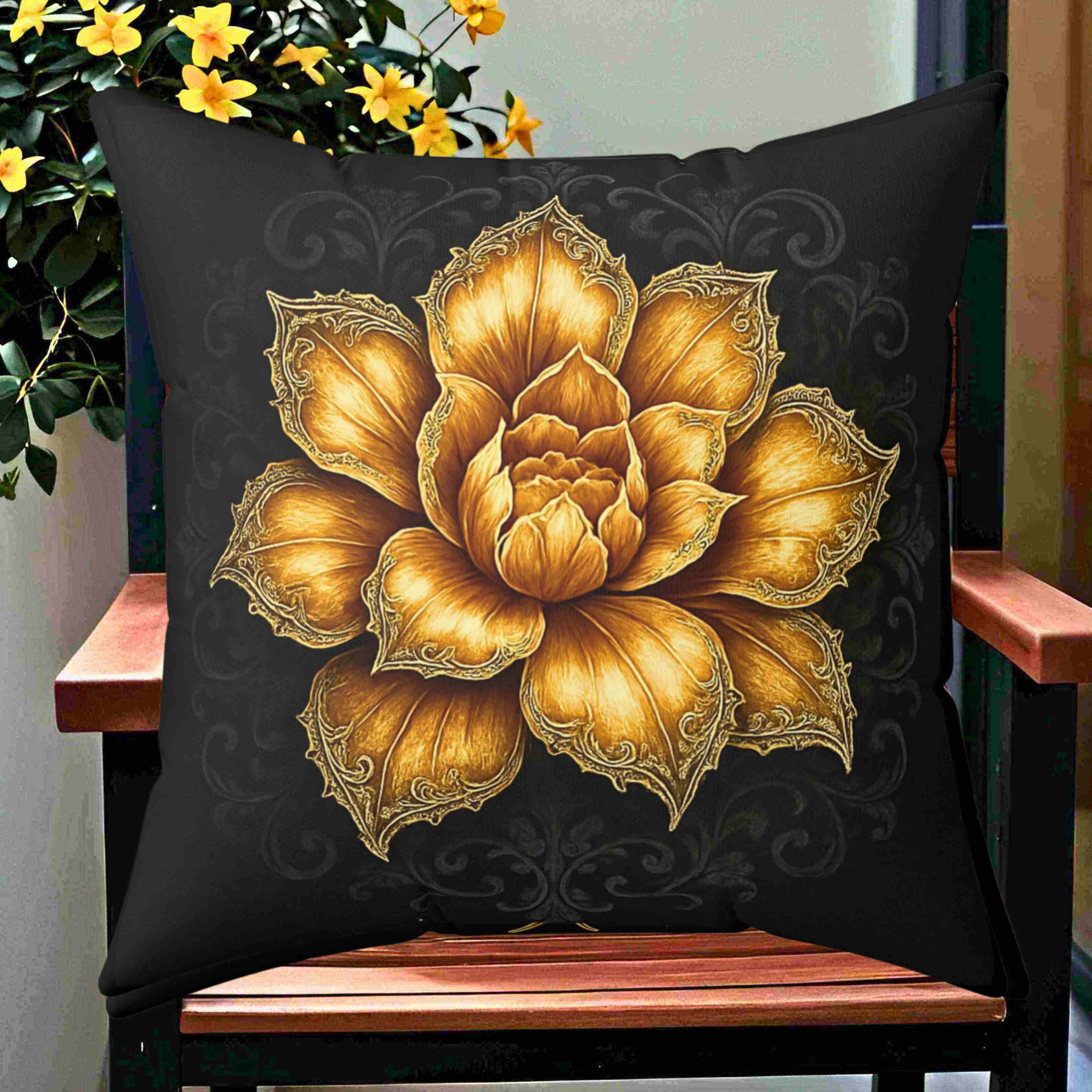 Golden Lotus Flower Pillow | Floral Decorative Throw Pillow, Botanical Home Decor product thumbnail image