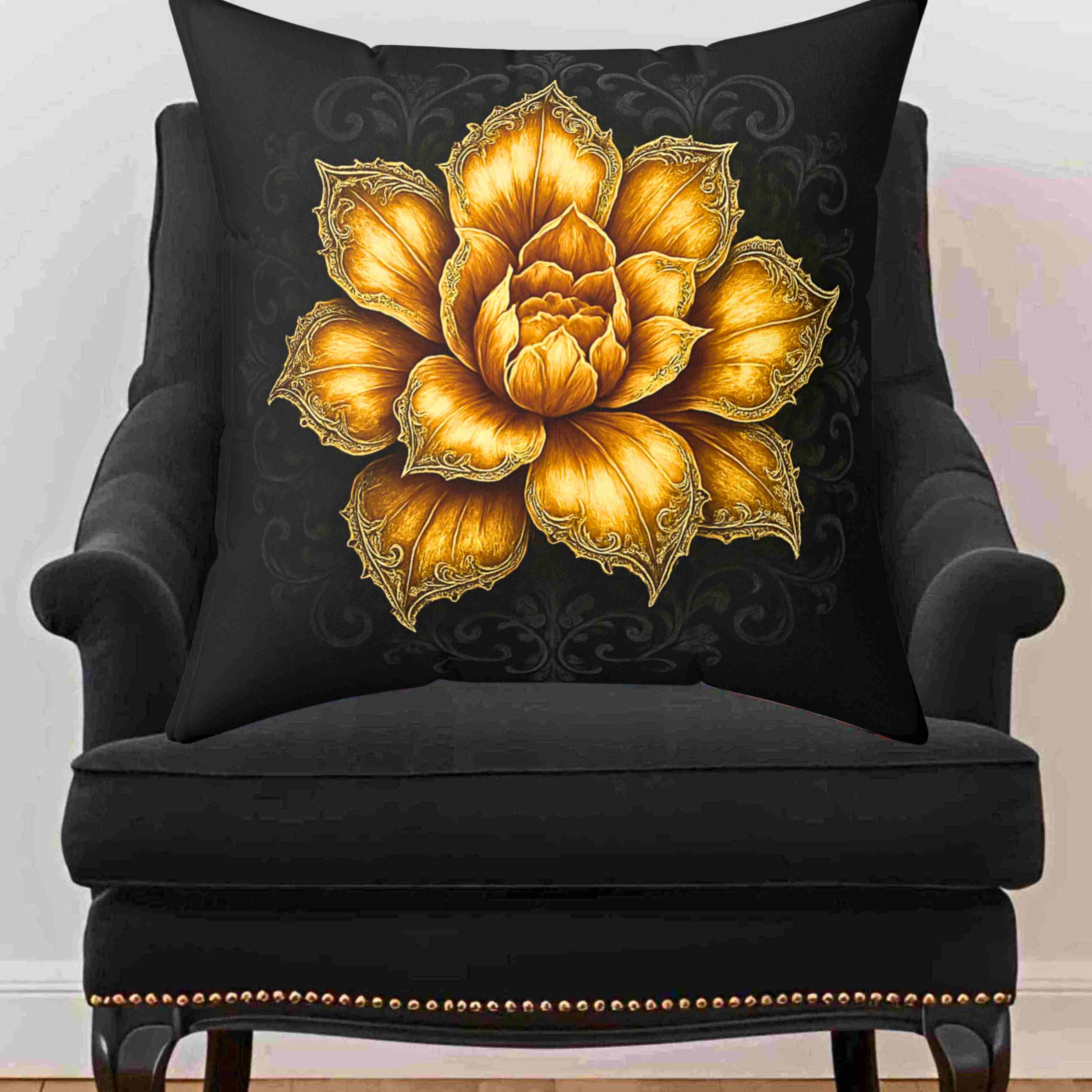 Golden Lotus Flower Pillow | Floral Decorative Throw Pillow, Botanical Home Decor product thumbnail image