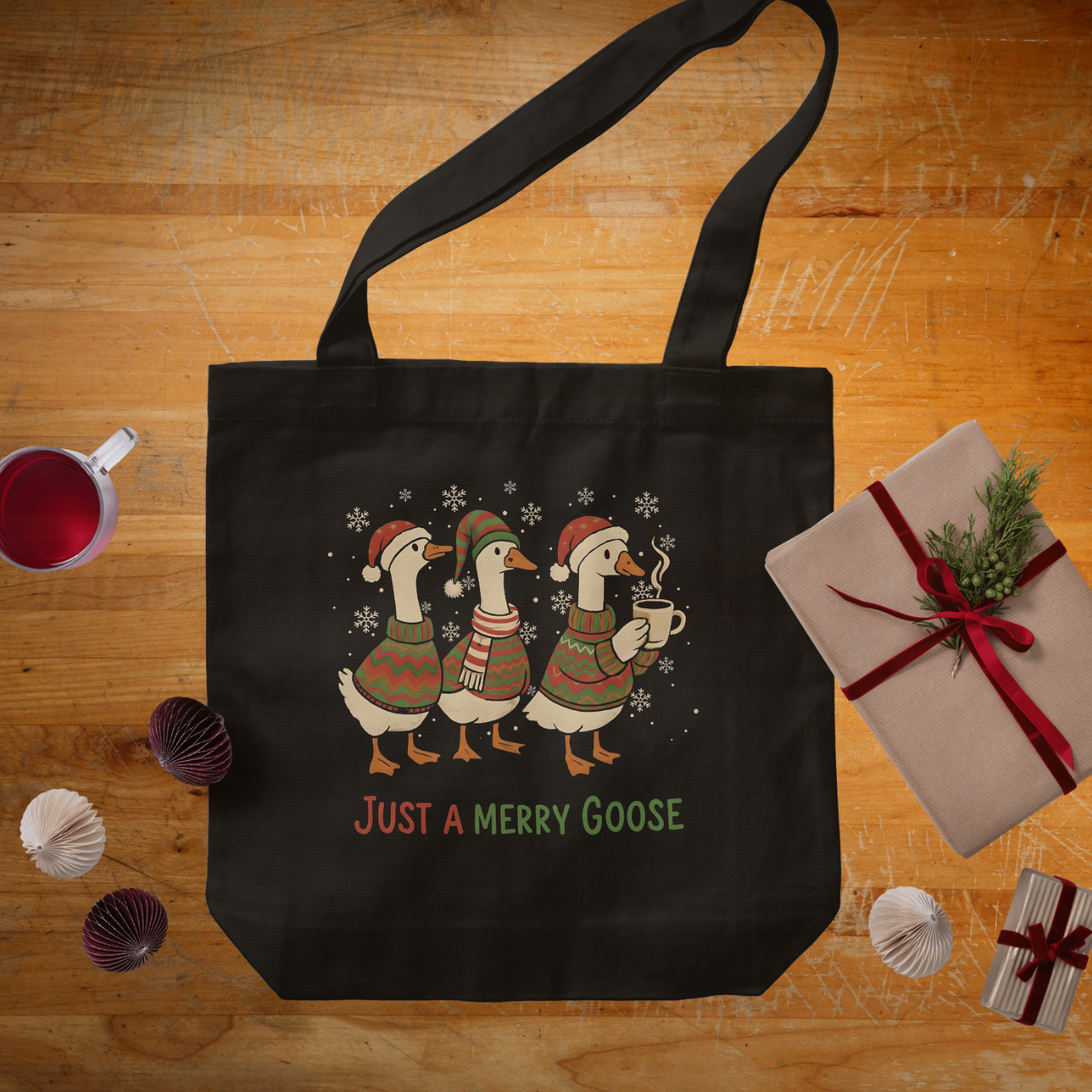 Just a Merry Goose Cotton Canvas Tote Bag, Festive Holiday Tote, Christmas Goose Shopping Bag, Fun Gift Idea  product thumbnail image