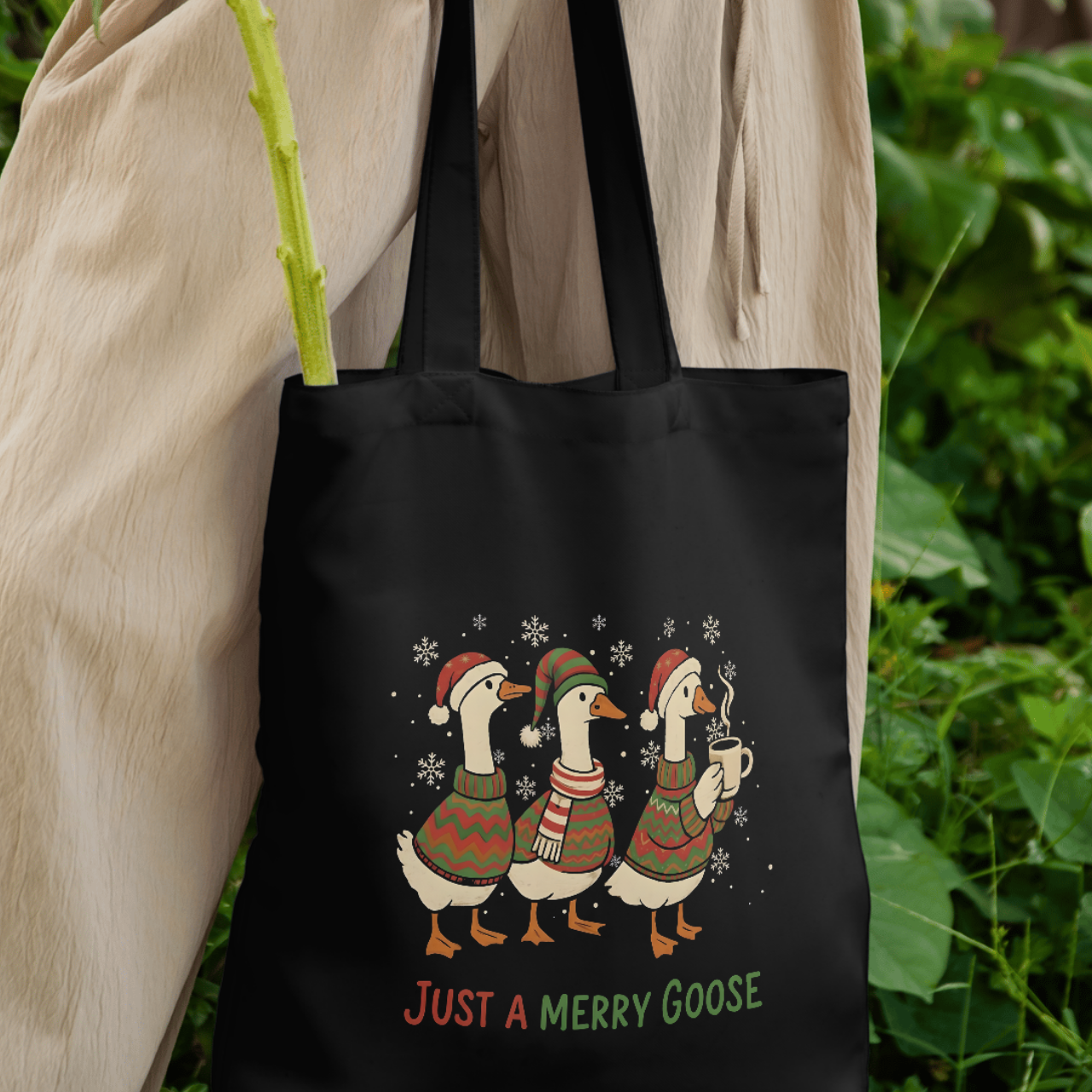 Just a Merry Goose Cotton Canvas Tote Bag, Festive Holiday Tote, Christmas Goose Shopping Bag, Fun Gift Idea  product thumbnail image