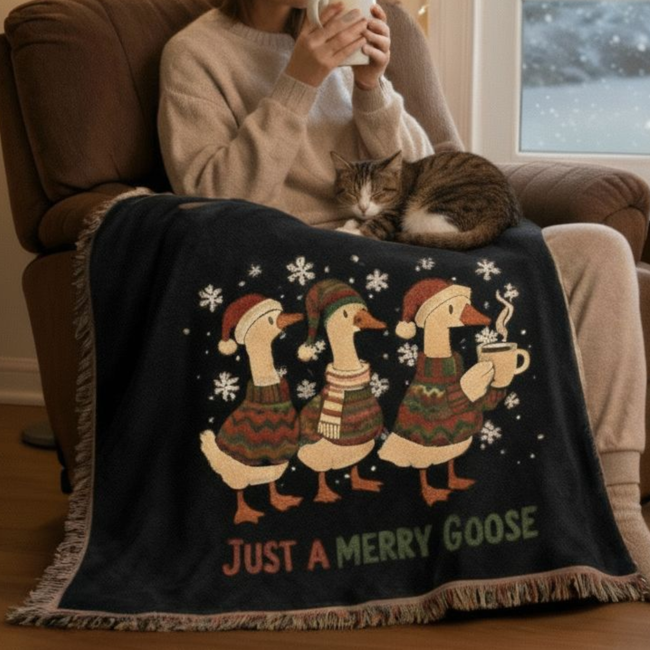Cozy Holiday Woven Blanket featuring Just a Merry Goose, Festive Throw Blanket, Seasonal Home Decor, Gift for Duck Lovers, Winter, Christmas product thumbnail image Cozy Holiday Woven Blanket featuring Just a Merry Goose, Festive Throw Blanket, Seasonal Home Decor, Gift for Duck Lovers, Winter, Christmas product thumbnail image