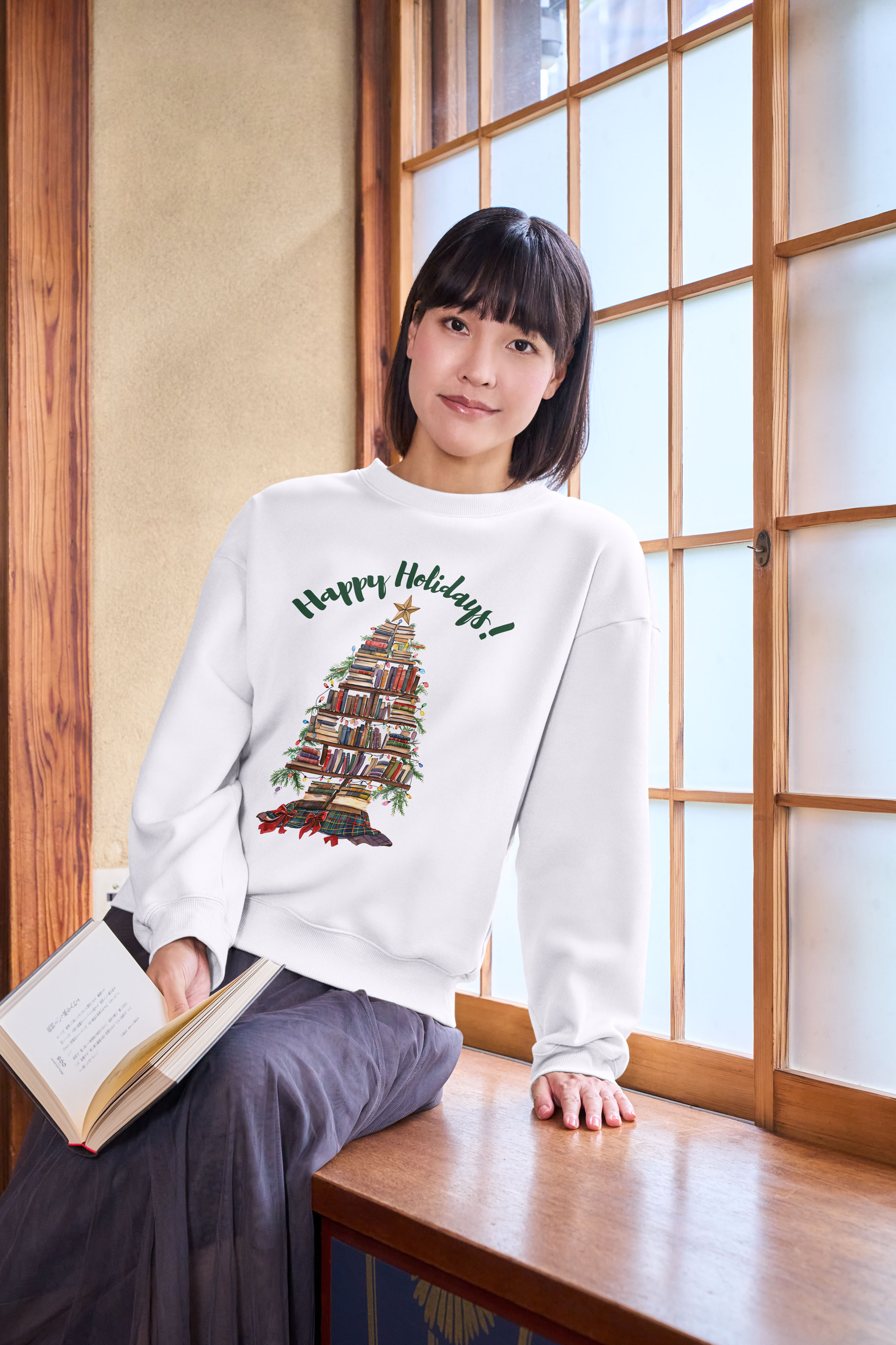 Holiday Book Tree Sweatshirt — "Happy Holidays!" Cozy Literary Christmas Crewneck Holiday Book Tree Sweatshirt — "Happy Holidays!" Cozy Literary Christmas Crewneck
