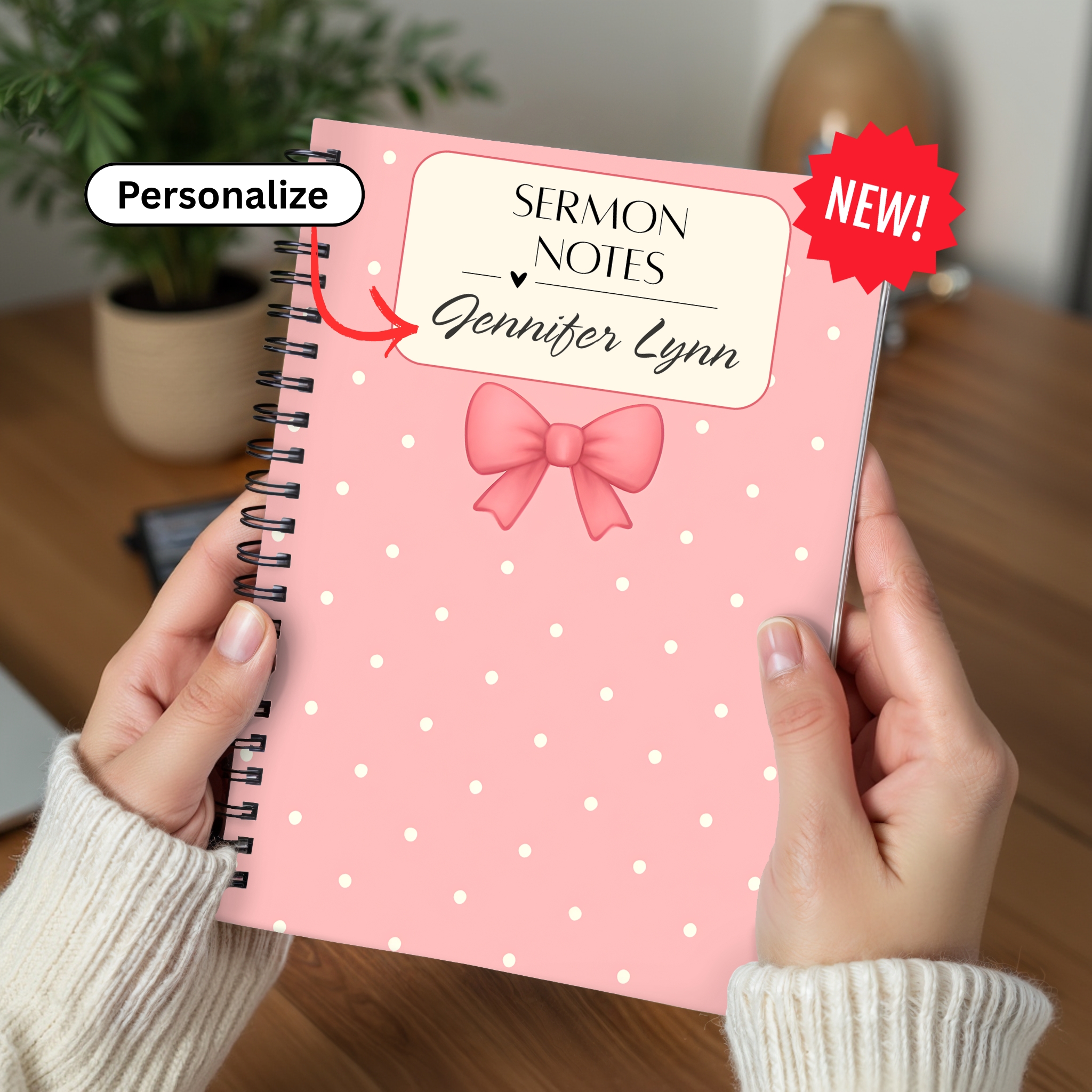 Sermon Notes Spiral Notebook Gift Personalized Pink Polka Dot with Bow Journal Gift product thumbnail image Sermon Notes Spiral Notebook Gift Personalized Pink Polka Dot with Bow Journal Gift product thumbnail image
