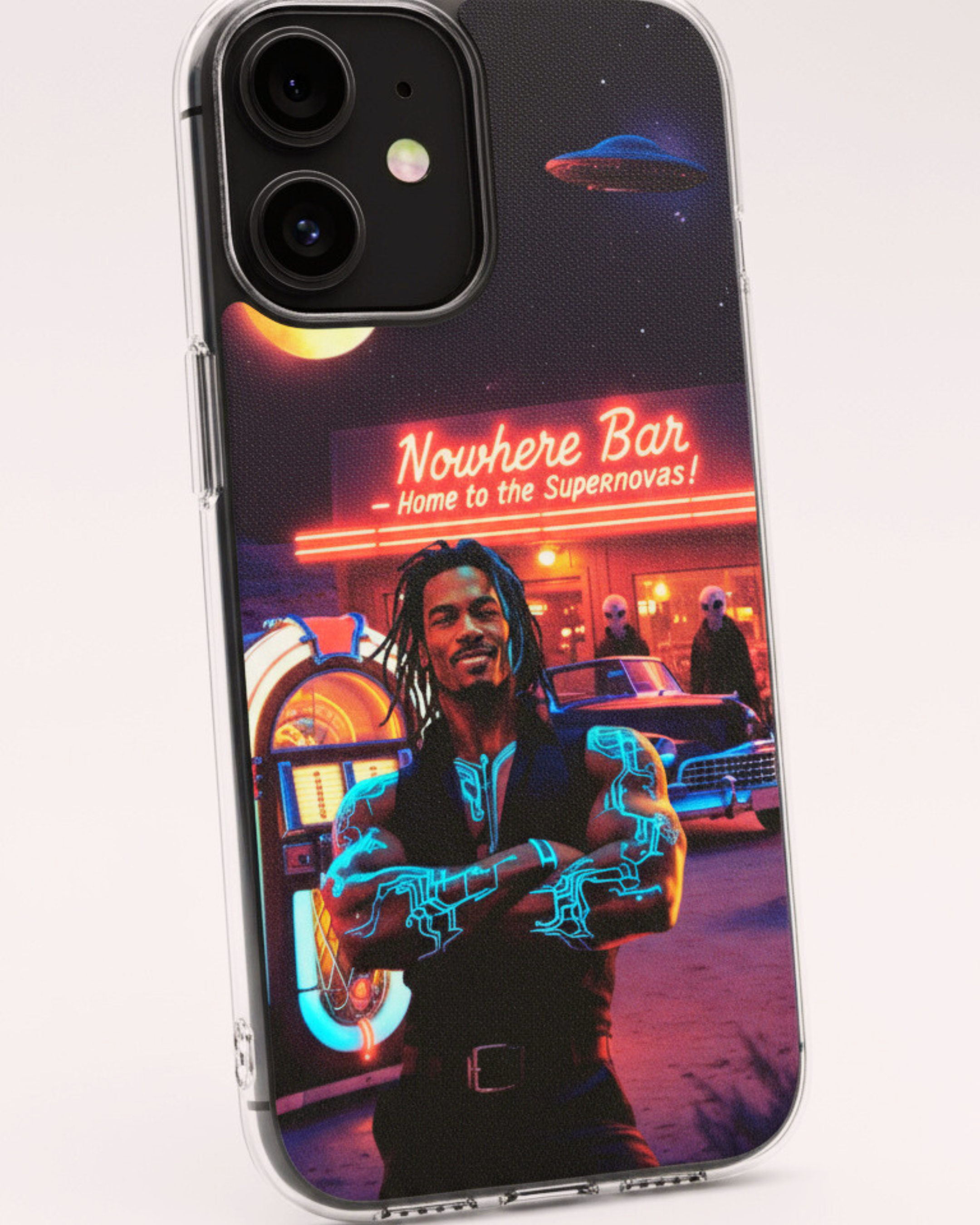 Retro Sci-Fi Rhythm Phone Case for iPhone – Pulse "Heartbeat Groove" Nowhere Bar Edition – 1940s Pulp Fiction Pin-up Art, MagSafe, Circuit Tattoo, UFO, Personalized Vintage Poster Gift for iPhone 14-17 product thumbnail image Retro Sci-Fi Rhythm Phone Case for iPhone – Pulse "Heartbeat Groove" Nowhere Bar Edition – 1940s Pulp Fiction Pin-up Art, MagSafe, Circuit Tattoo, UFO, Personalized Vintage Poster Gift for iPhone 14-17 product thumbnail image