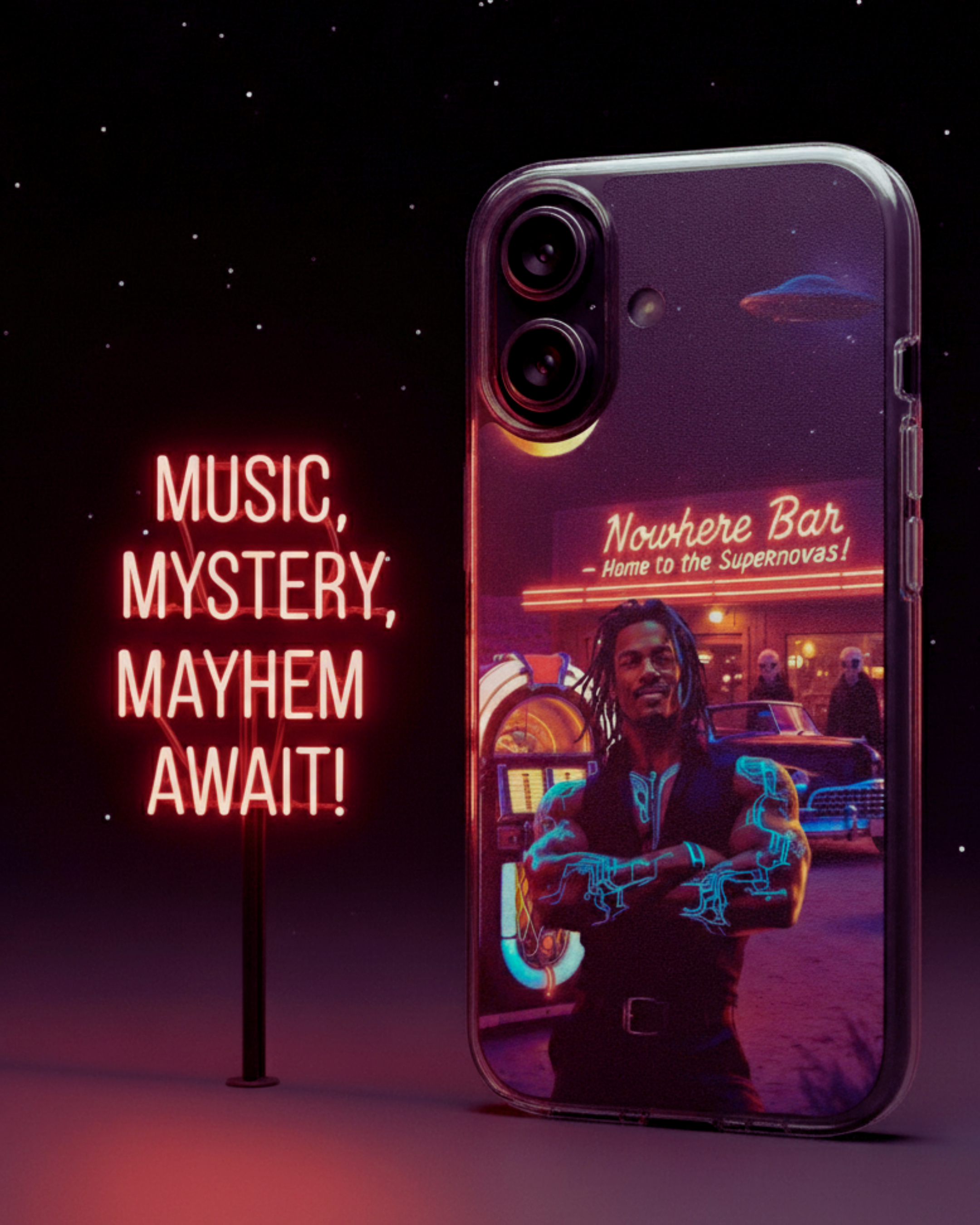 Retro Sci-Fi Rhythm Phone Case for iPhone – Pulse "Heartbeat Groove" Nowhere Bar Edition – 1940s Pulp Fiction Pin-up Art, MagSafe, Circuit Tattoo, UFO, Personalized Vintage Poster Gift for iPhone 14-17 product thumbnail image