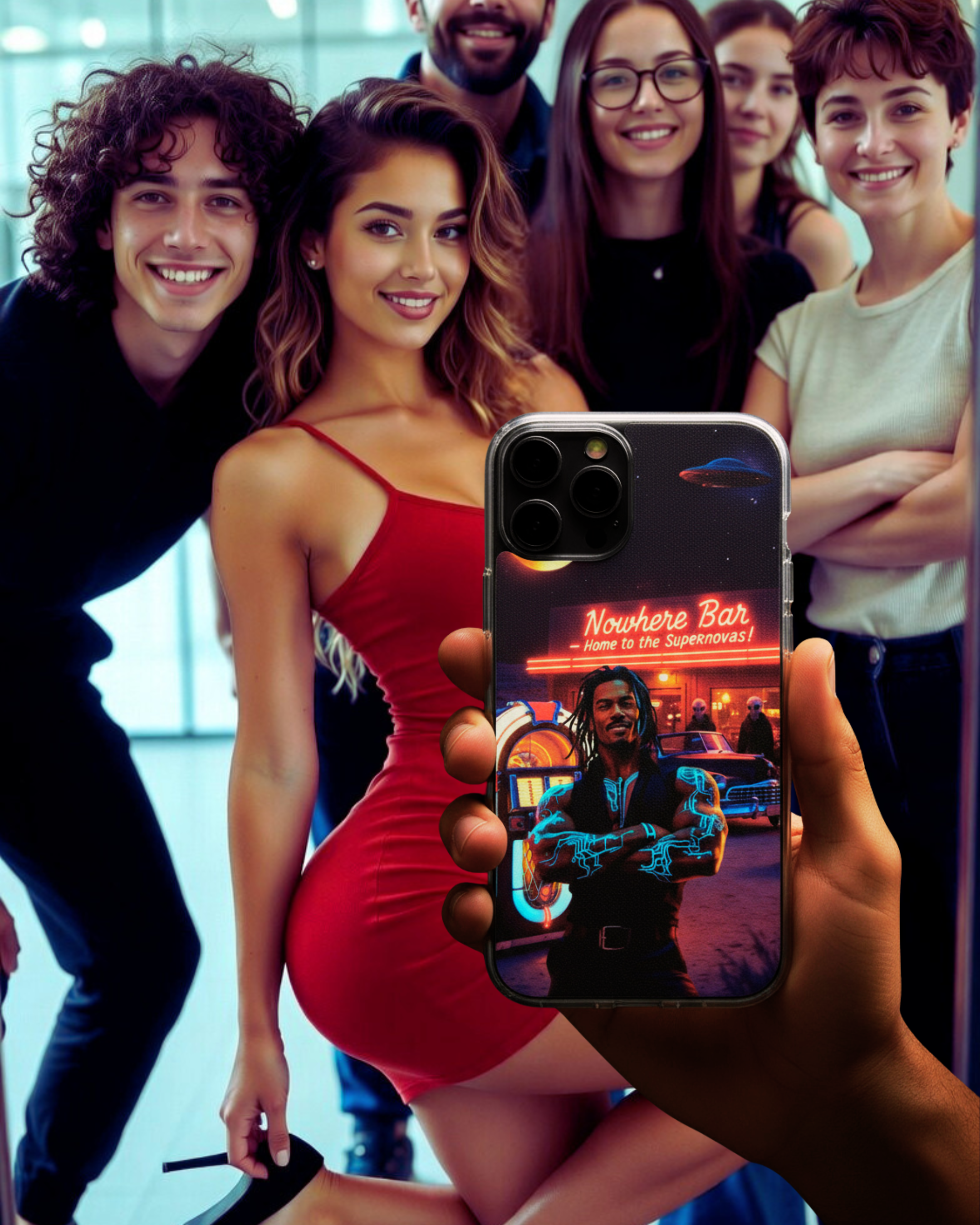 Retro Sci-Fi Rhythm Phone Case for iPhone – Pulse "Heartbeat Groove" Nowhere Bar Edition – 1940s Pulp Fiction Pin-up Art, MagSafe, Circuit Tattoo, UFO, Personalized Vintage Poster Gift for iPhone 14-17 product thumbnail image