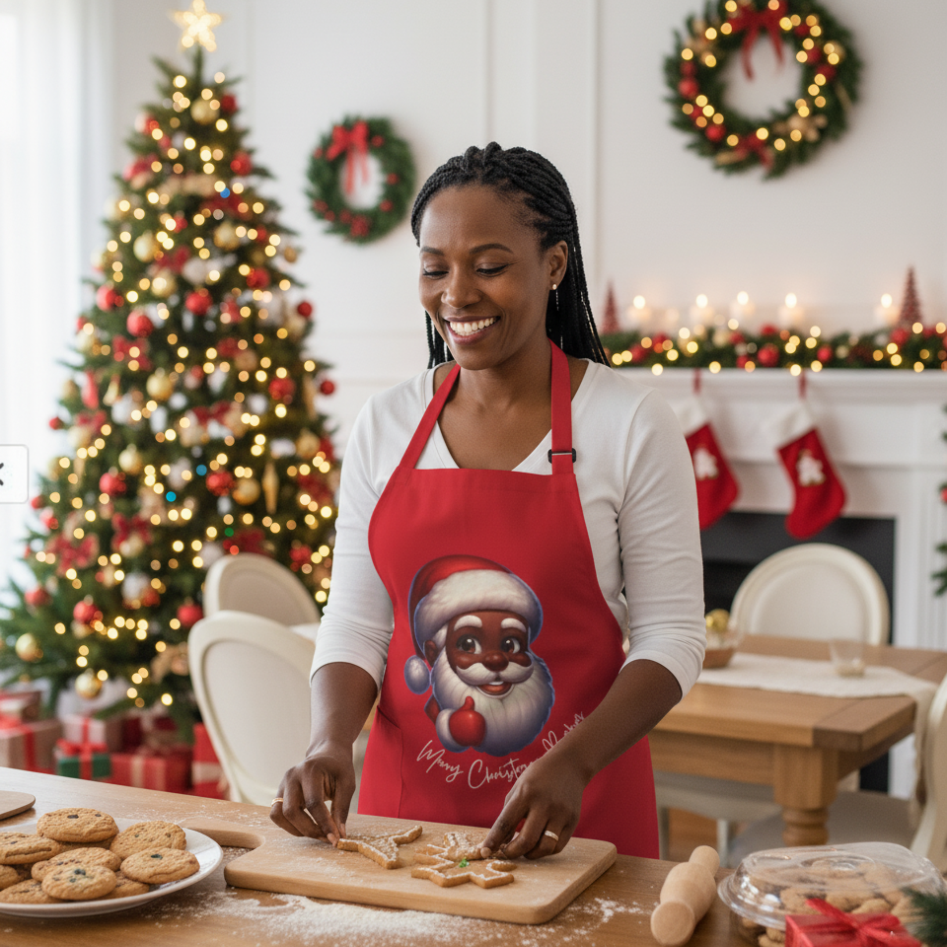 Red Christmas Apron with Smiling Santa Face – Personalized Holiday Gift
