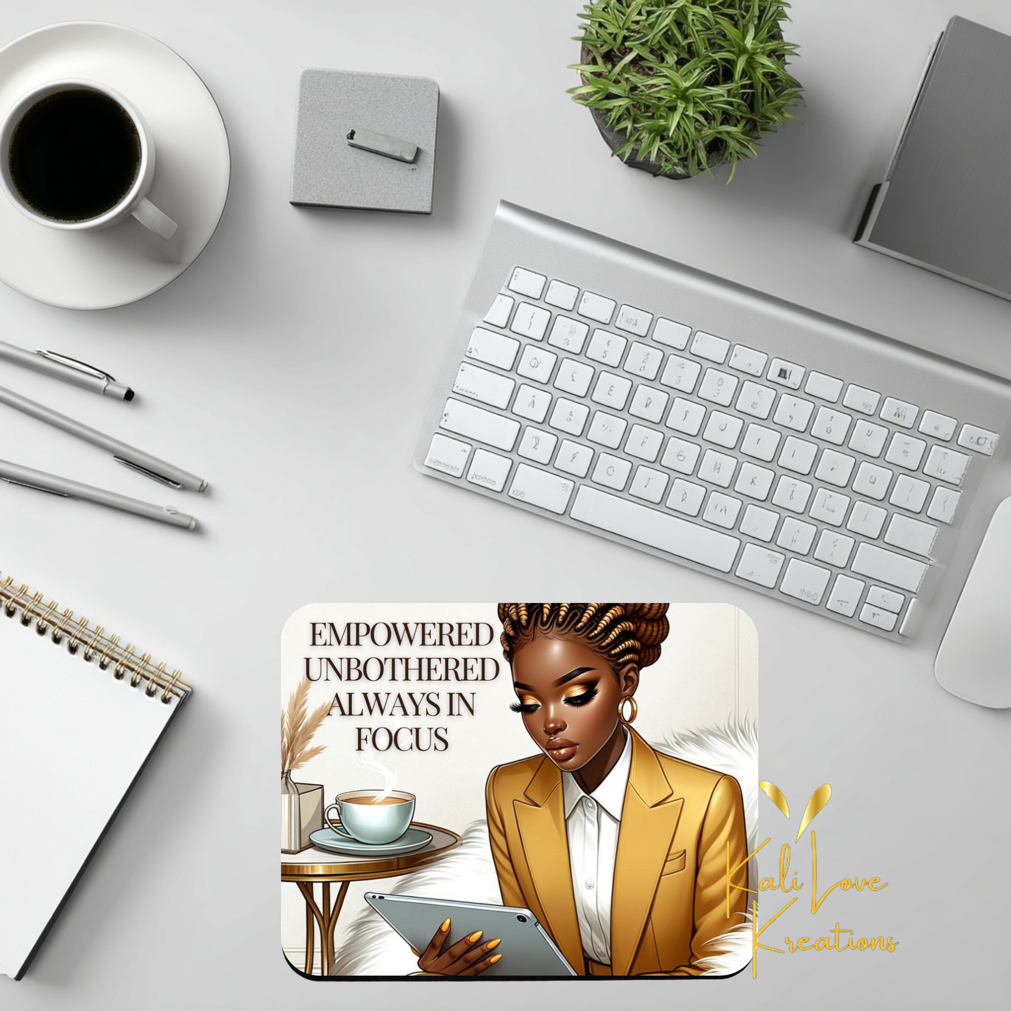 Empowered Unbothered Always in Focus Mouse Pad — Black Woman Professional Desk Mat