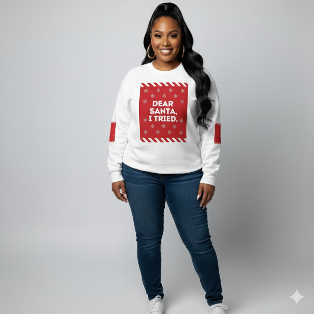 Dear Santa I Tried Sweatshirt | Christmas holiday sweater, festive red patch design Dear Santa I Tried Sweatshirt | Christmas holiday sweater, festive red patch design