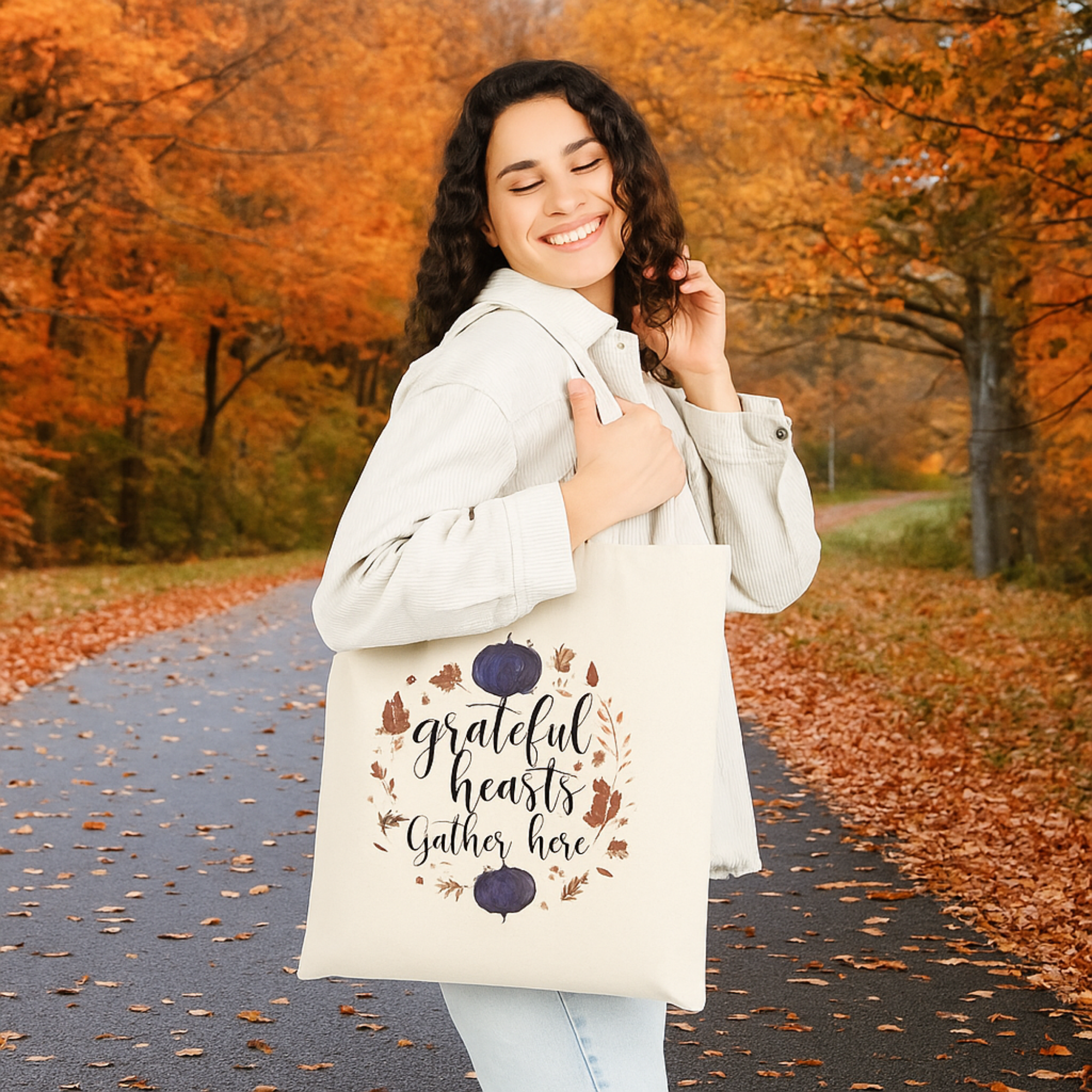 Grateful Hearts Gather Here Winter Holiday Tote Bag | Pumpkin Canvas Tote | Christmas Hostess Gift | Seasonal Gratitude Bag product thumbnail image Grateful Hearts Gather Here Winter Holiday Tote Bag | Pumpkin Canvas Tote | Christmas Hostess Gift | Seasonal Gratitude Bag product thumbnail image