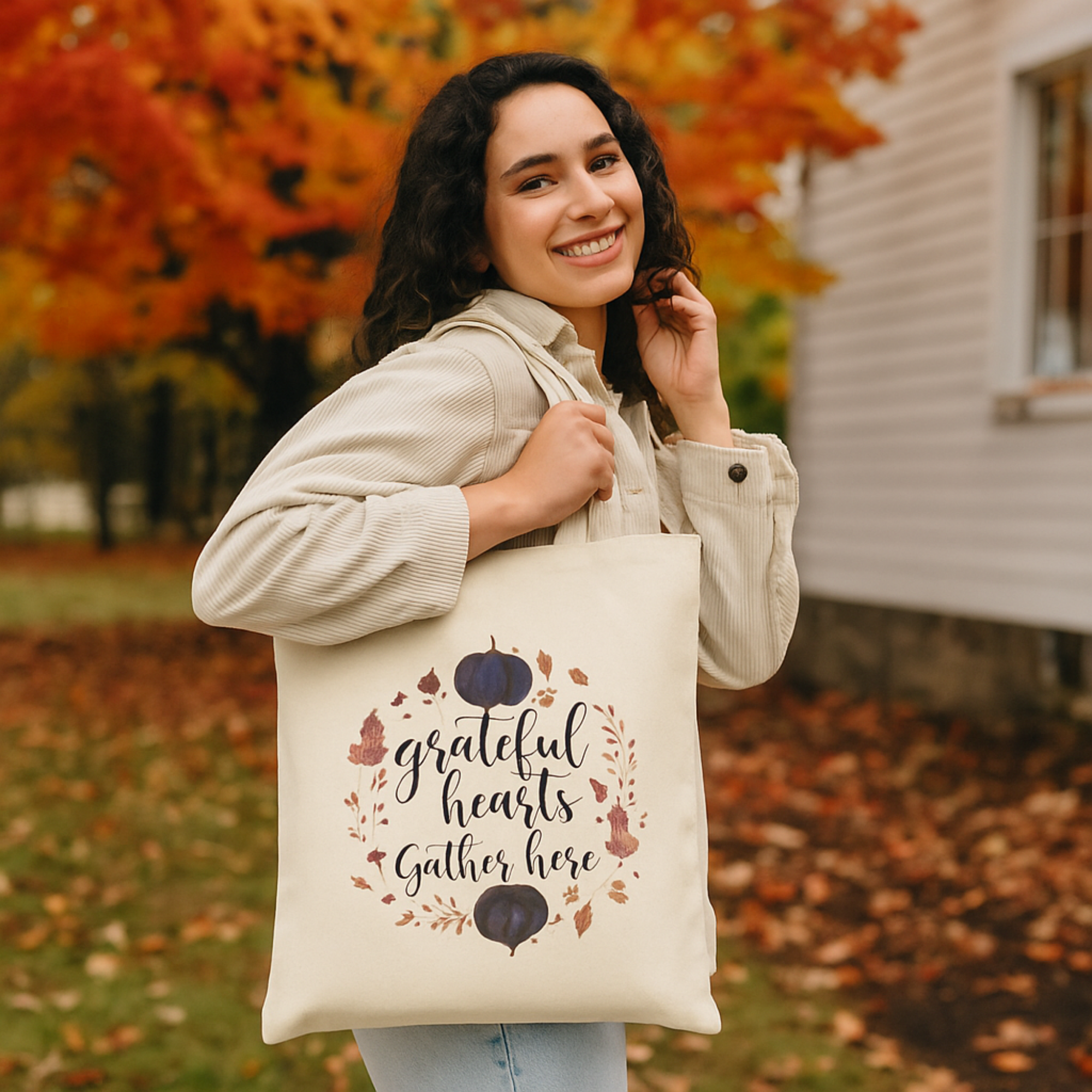 Grateful Hearts Gather Here Winter Holiday Tote Bag | Pumpkin Canvas Tote | Christmas Hostess Gift | Seasonal Gratitude Bag product thumbnail image Grateful Hearts Gather Here Winter Holiday Tote Bag | Pumpkin Canvas Tote | Christmas Hostess Gift | Seasonal Gratitude Bag product thumbnail image