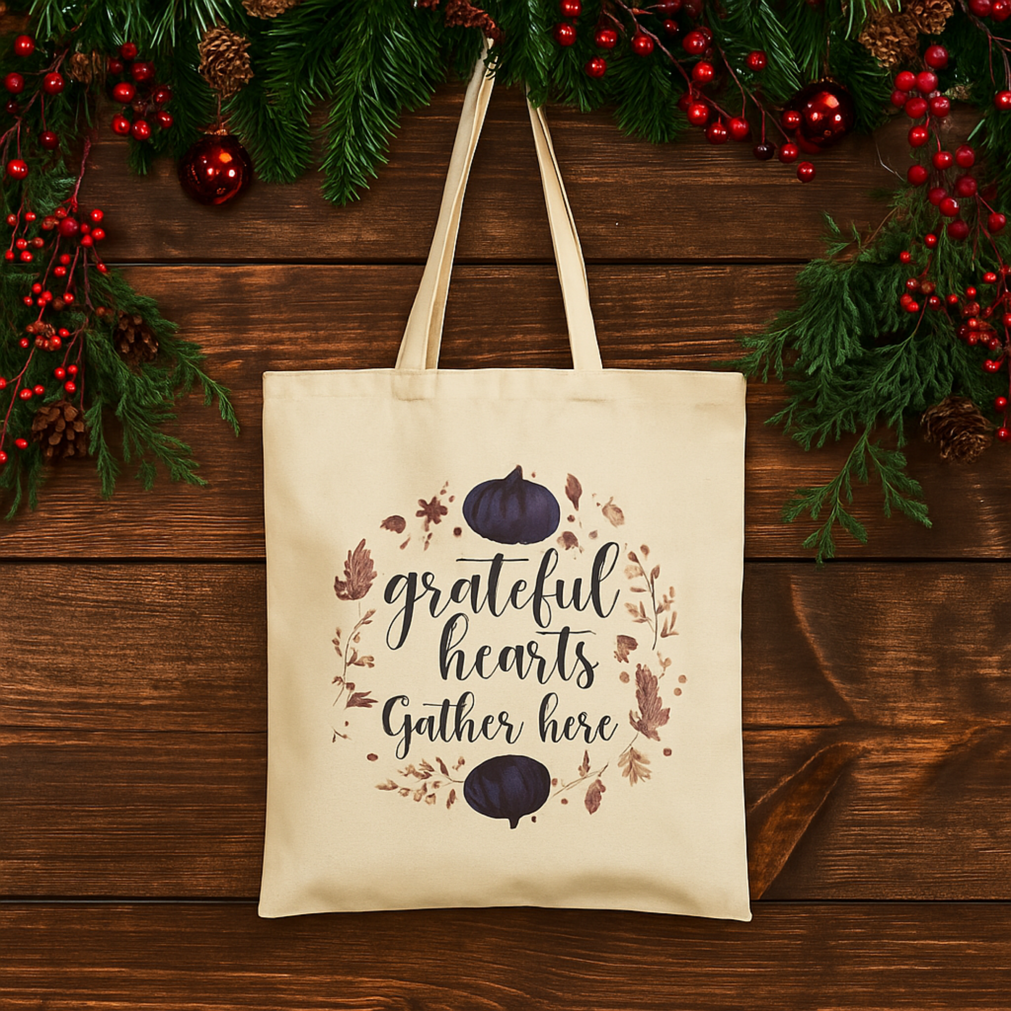 Grateful Hearts Gather Here Winter Holiday Tote Bag | Pumpkin Canvas Tote | Christmas Hostess Gift | Seasonal Gratitude Bag product thumbnail image Grateful Hearts Gather Here Winter Holiday Tote Bag | Pumpkin Canvas Tote | Christmas Hostess Gift | Seasonal Gratitude Bag product thumbnail image