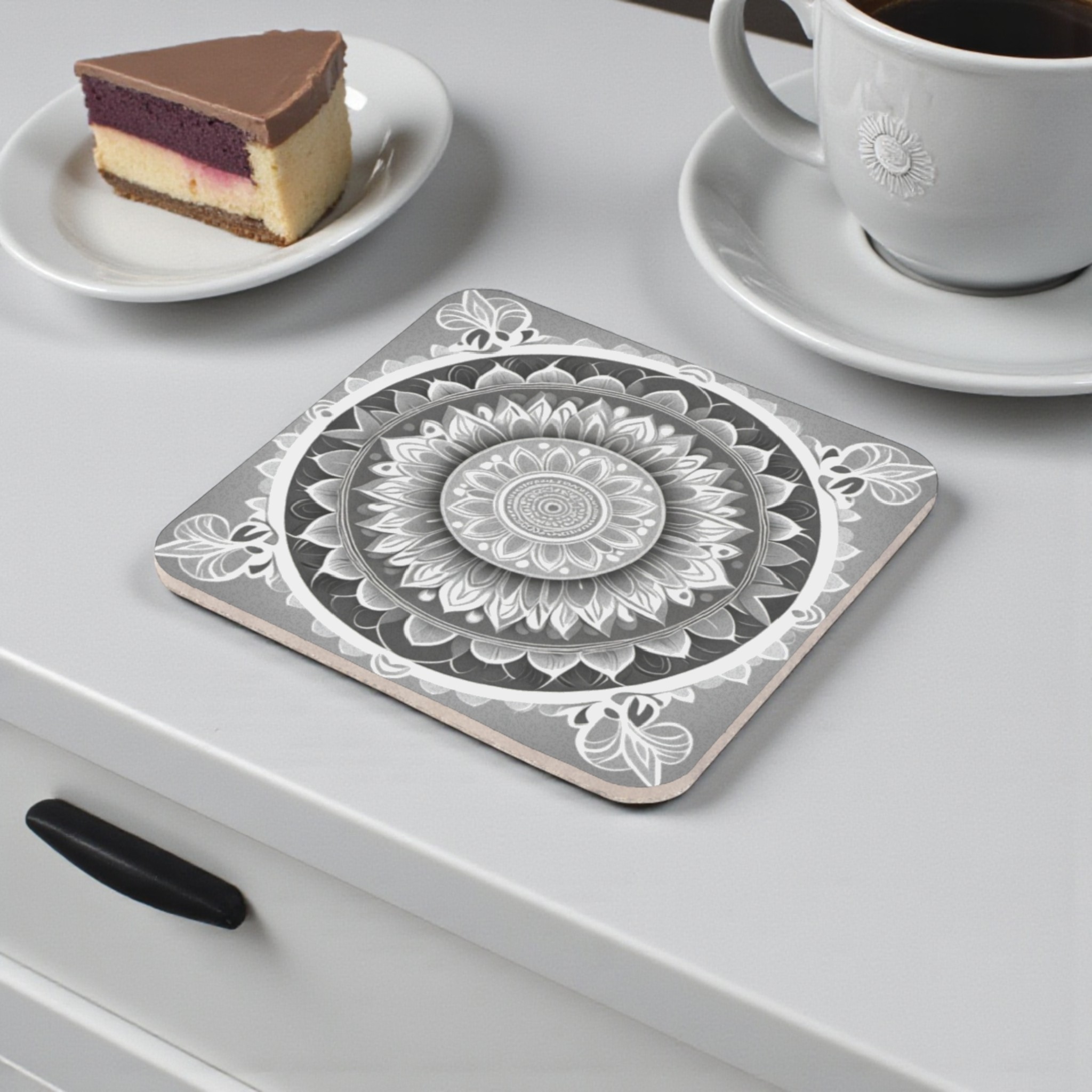 Detailed Monochrome Mandala Cork Back Coaster