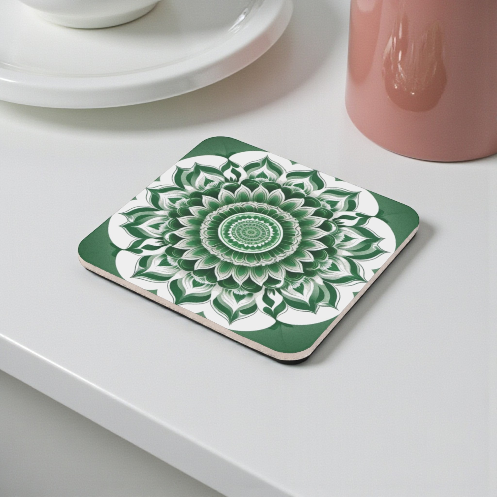 Floral Green Mandala Cork Back Coaster