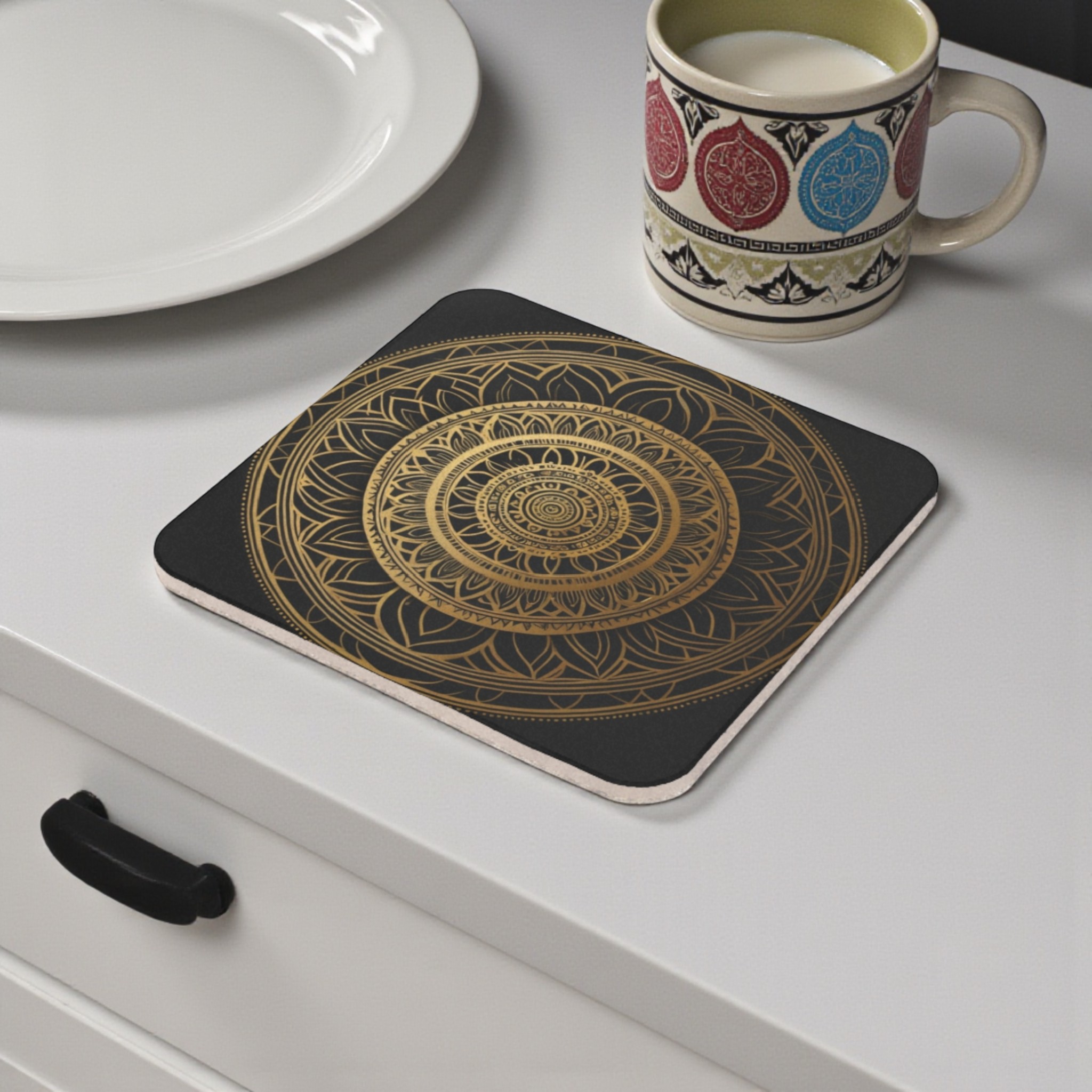 Intricate Black & Gold Mandala Cork Back Coaster