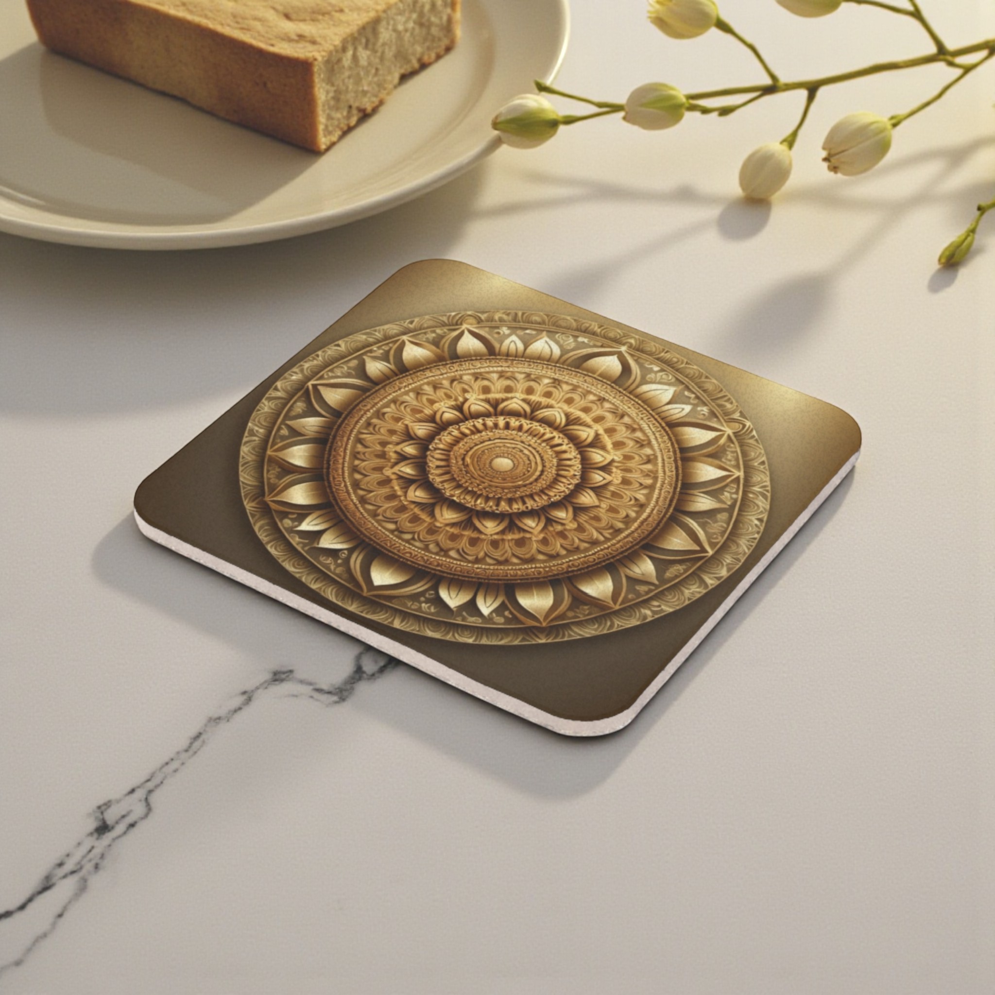 Radiant Golden Mandala Cork Back Coaster
