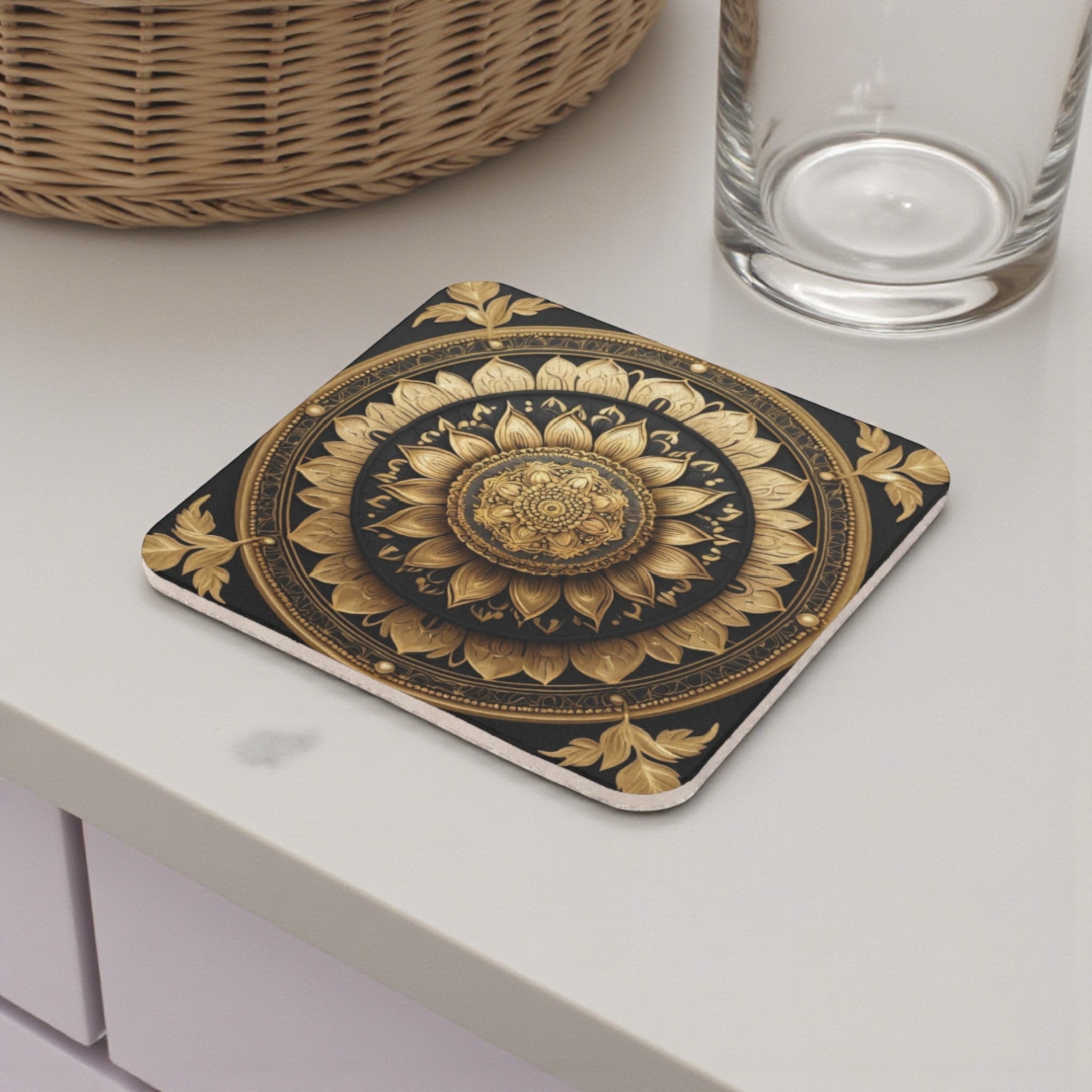 Bold Black & Gold Mandala Cork Back Coaster