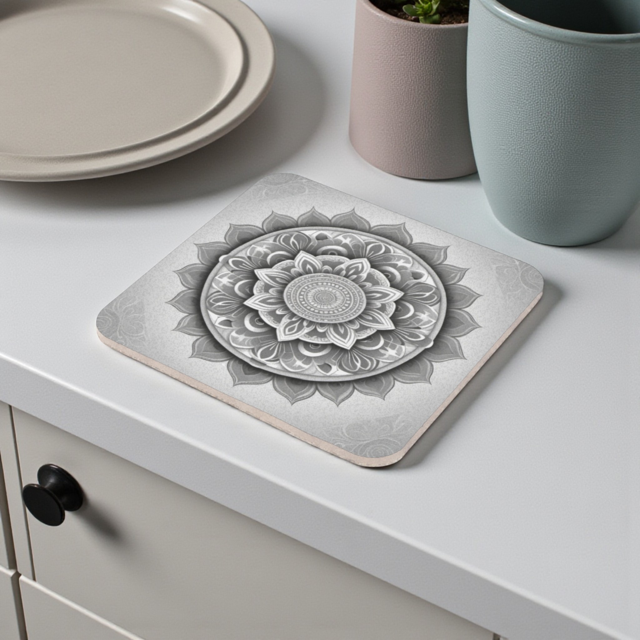 Detailed Gray Mandala Cork Back Coaster