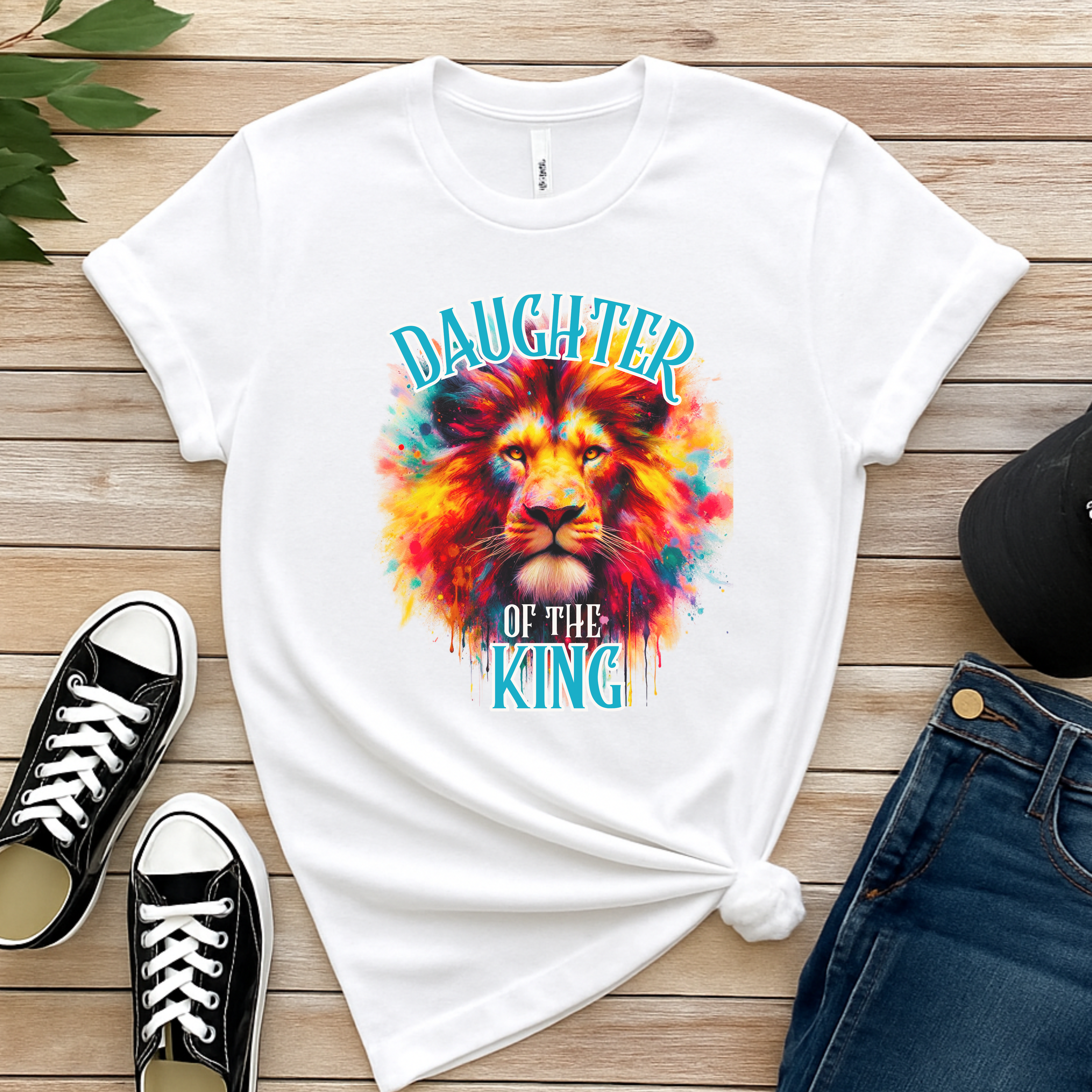 "Daughter Of A King" Faith Based Women's Cotton Short Sleeve T-Shirt Colorful Graphic Tee with Inspirational Message  product thumbnail image