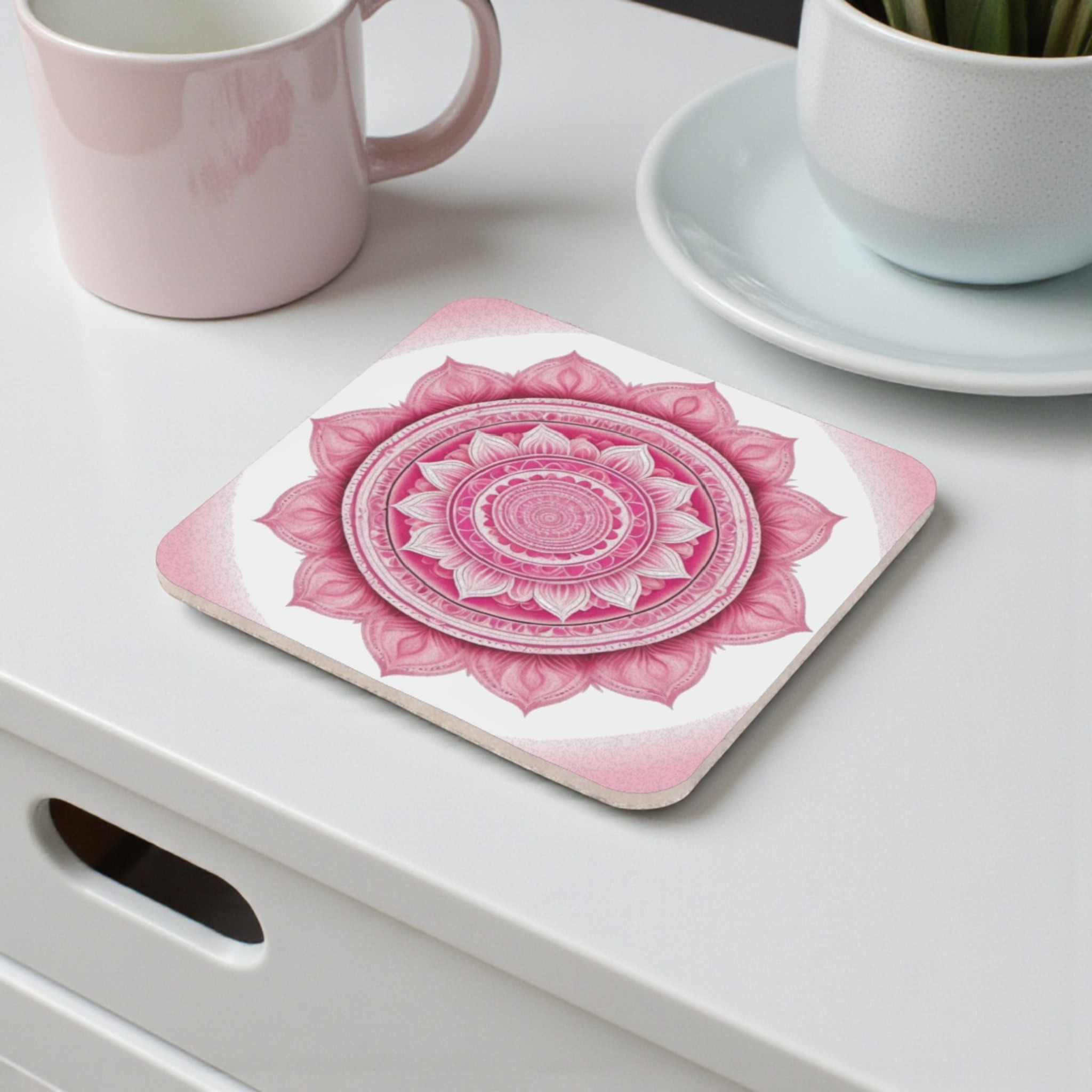 Calming Pink Lotus Mandala Cork Back Coaster