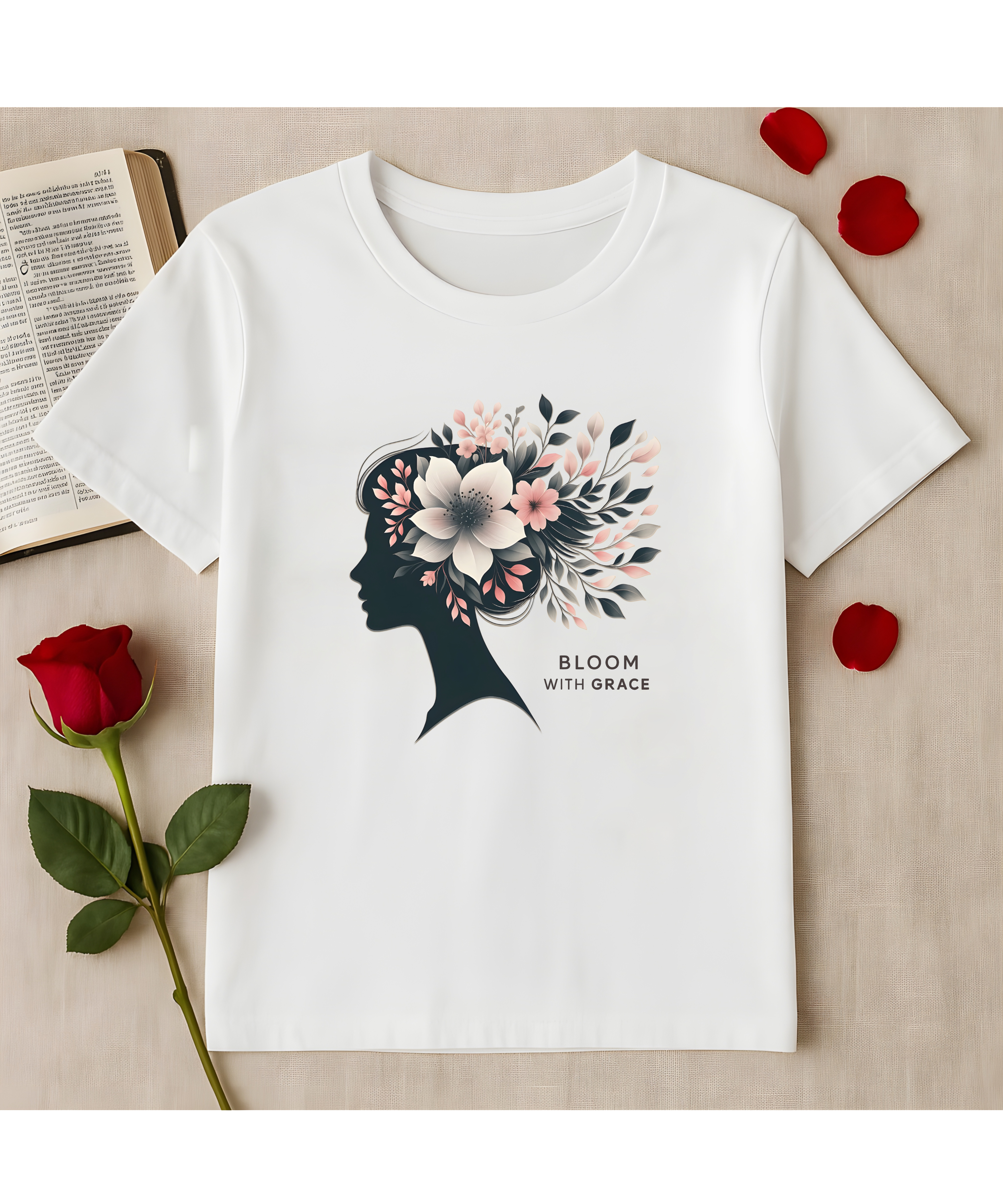 Bloom With Grace Christian Women's Softstyle T-Shirt  | Faith-Inspired Floral Silhouette Tee | Soft Cotton Christian Women’s Shirt | John 1:16 Scripture Tee, Christian Apparel product thumbnail image