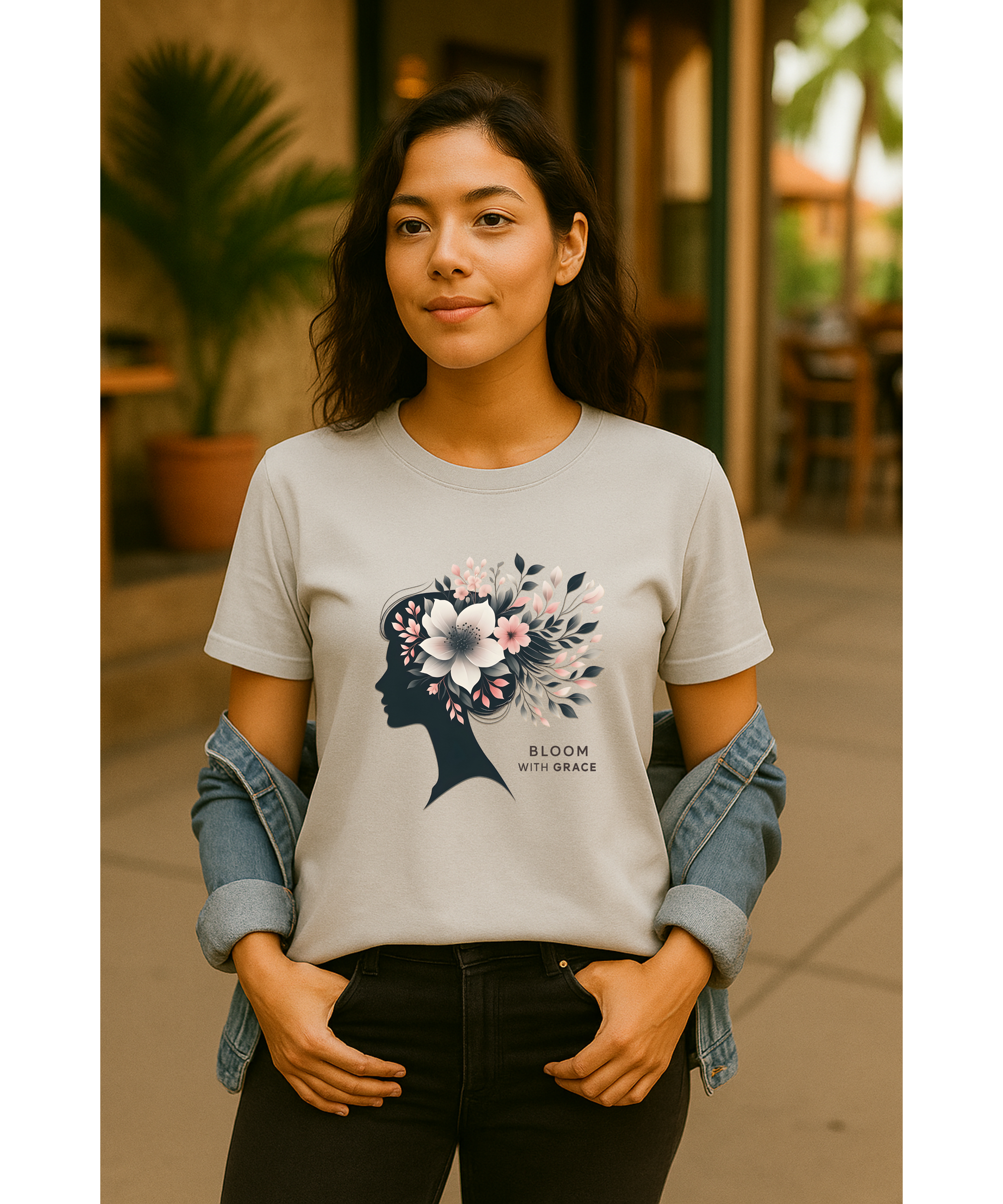 Bloom With Grace Christian Women's Softstyle T-Shirt  | Faith-Inspired Floral Silhouette Tee | Soft Cotton Christian Women’s Shirt | John 1:16 Scripture Tee, Christian Apparel product thumbnail image