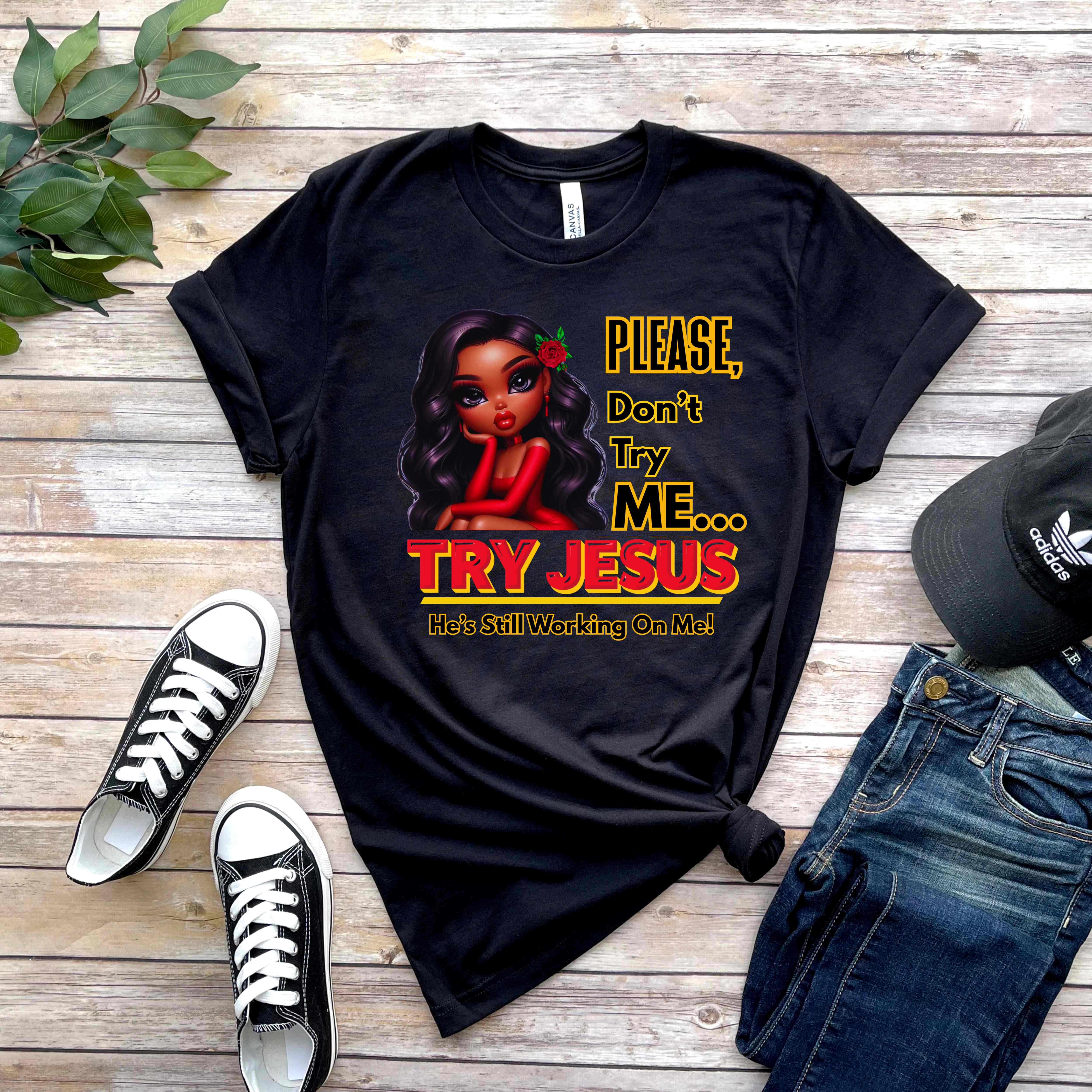 "Please Don’t Try Me… Try Jesus" Christian Women’s T-Shirt – Bold Faith, Motivational, Inspirational Graphic Tee product thumbnail image