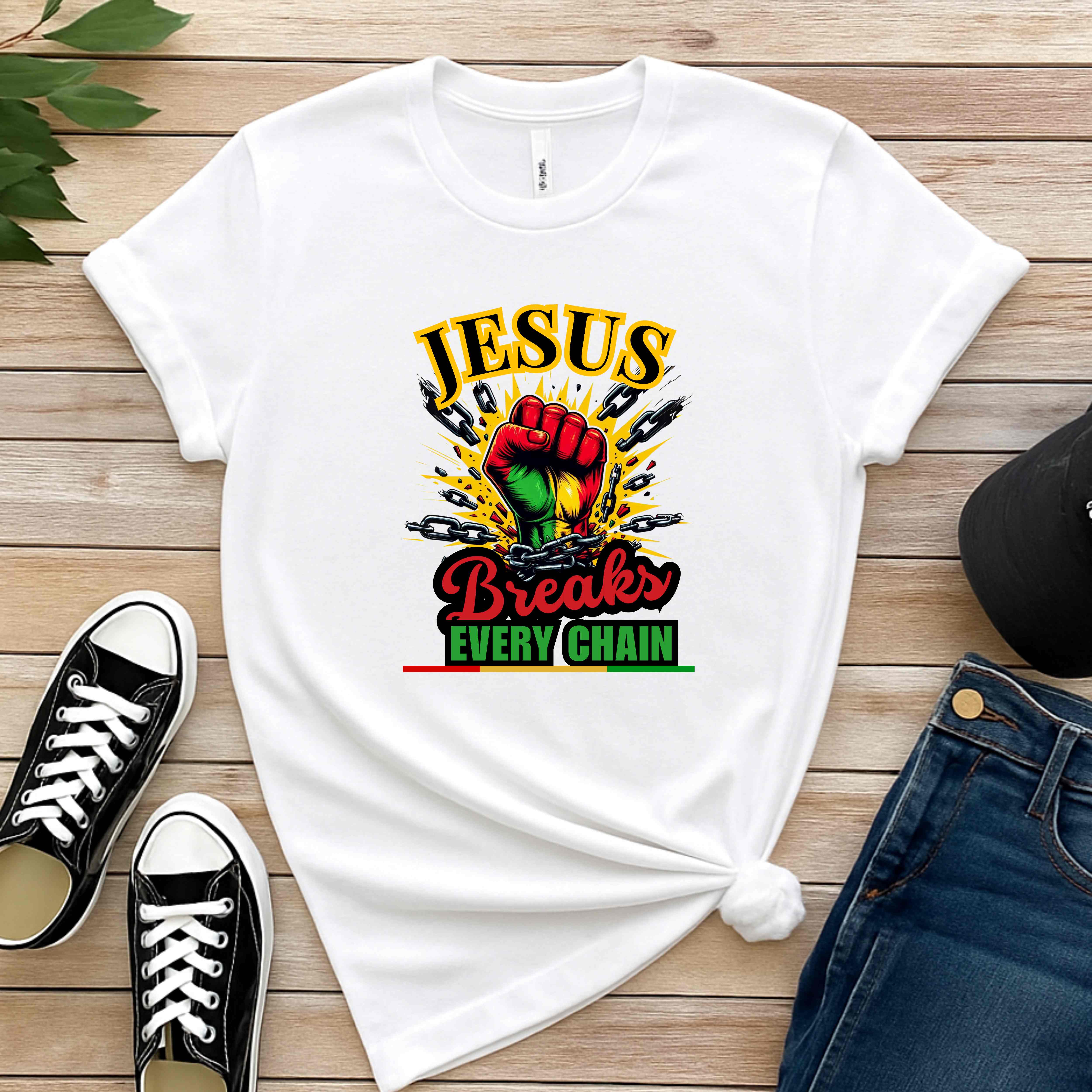 "Jesus Breaks Every Chain" Christian Women's T-Shirt – Faith-Based Christian Women's Cotton Short Sleeve T-Shirt product thumbnail image "Jesus Breaks Every Chain" Christian Women's T-Shirt – Faith-Based Christian Women's Cotton Short Sleeve T-Shirt product thumbnail image