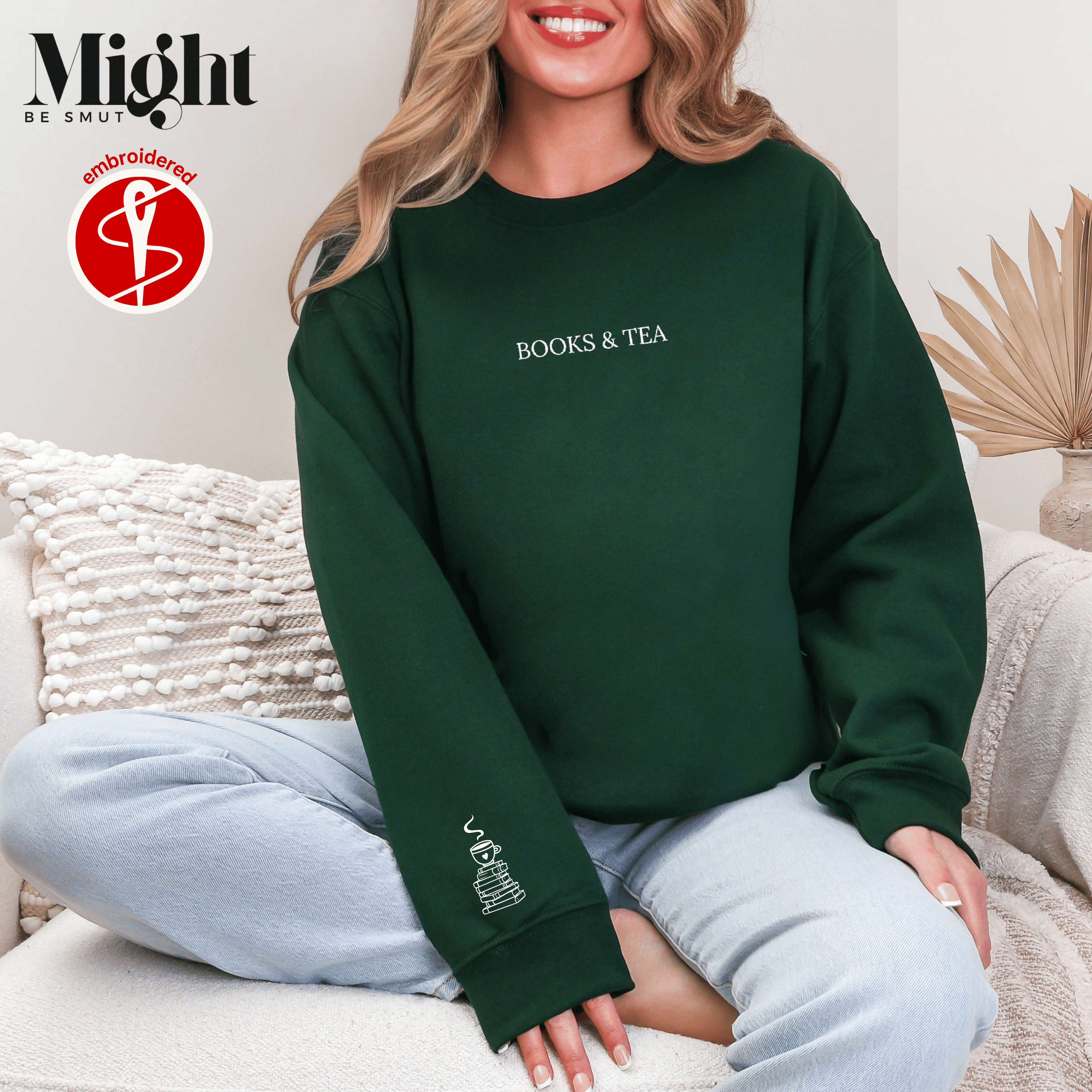 Embroidered Books and Tea Crewneck Sweatshirt