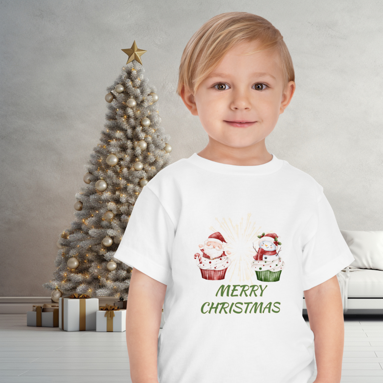 Toddler Tee - Merry Christmas Cupcake Santa &amp; Snowman Holiday Shirt - Family Matching Tee