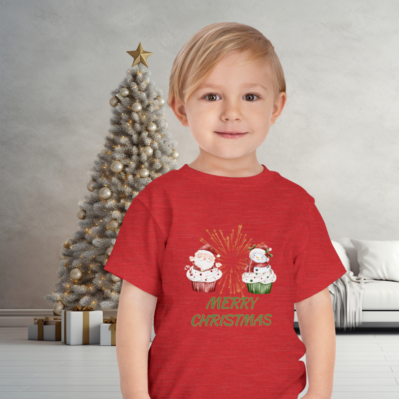 Toddler Tee - Merry Christmas Cupcake Santa &amp; Snowman Holiday Shirt - Family Matching Tee product thumbnail image