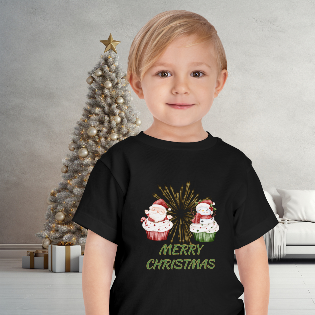 Toddler Tee - Merry Christmas Cupcake Santa &amp; Snowman Holiday Shirt - Family Matching Tee product thumbnail image