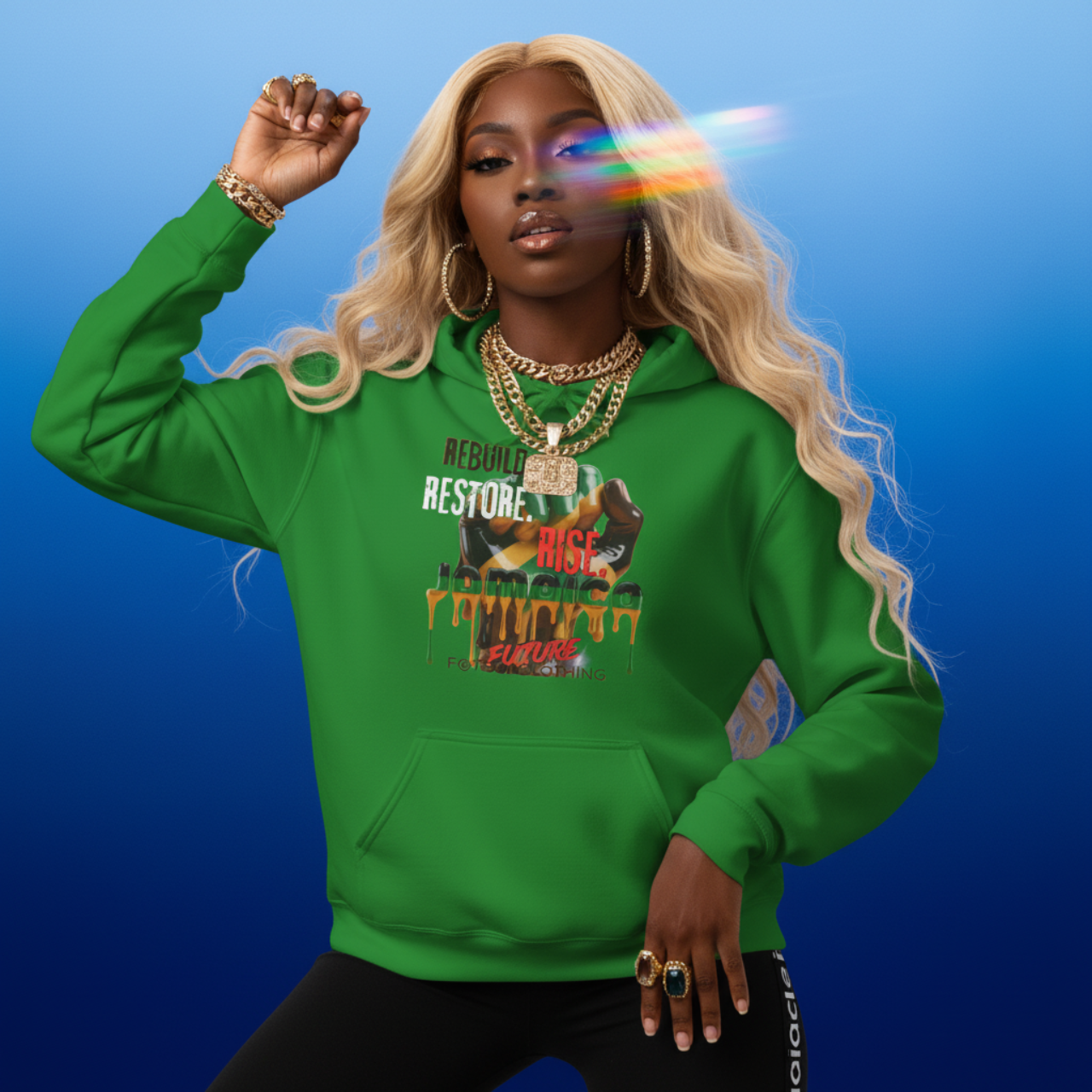 Rise, Restore, Rebuild Jamaican Pride Hoodie product thumbnail image Rise, Restore, Rebuild Jamaican Pride Hoodie product thumbnail image