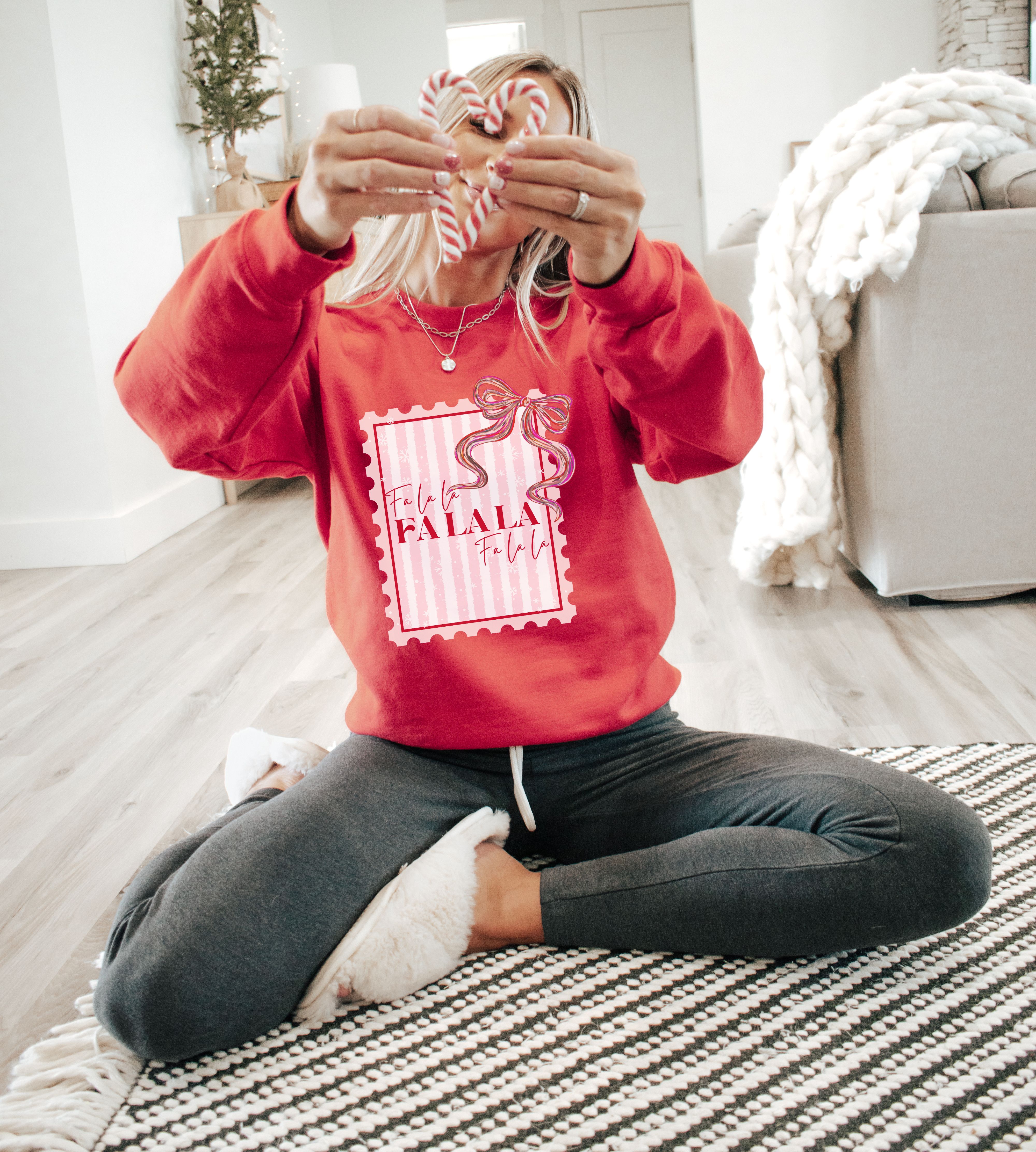 Pink & White Stripe “Fa La La La La” Coquette Sweatshirt 💖✨ product thumbnail image Pink & White Stripe “Fa La La La La” Coquette Sweatshirt 💖✨ product thumbnail image