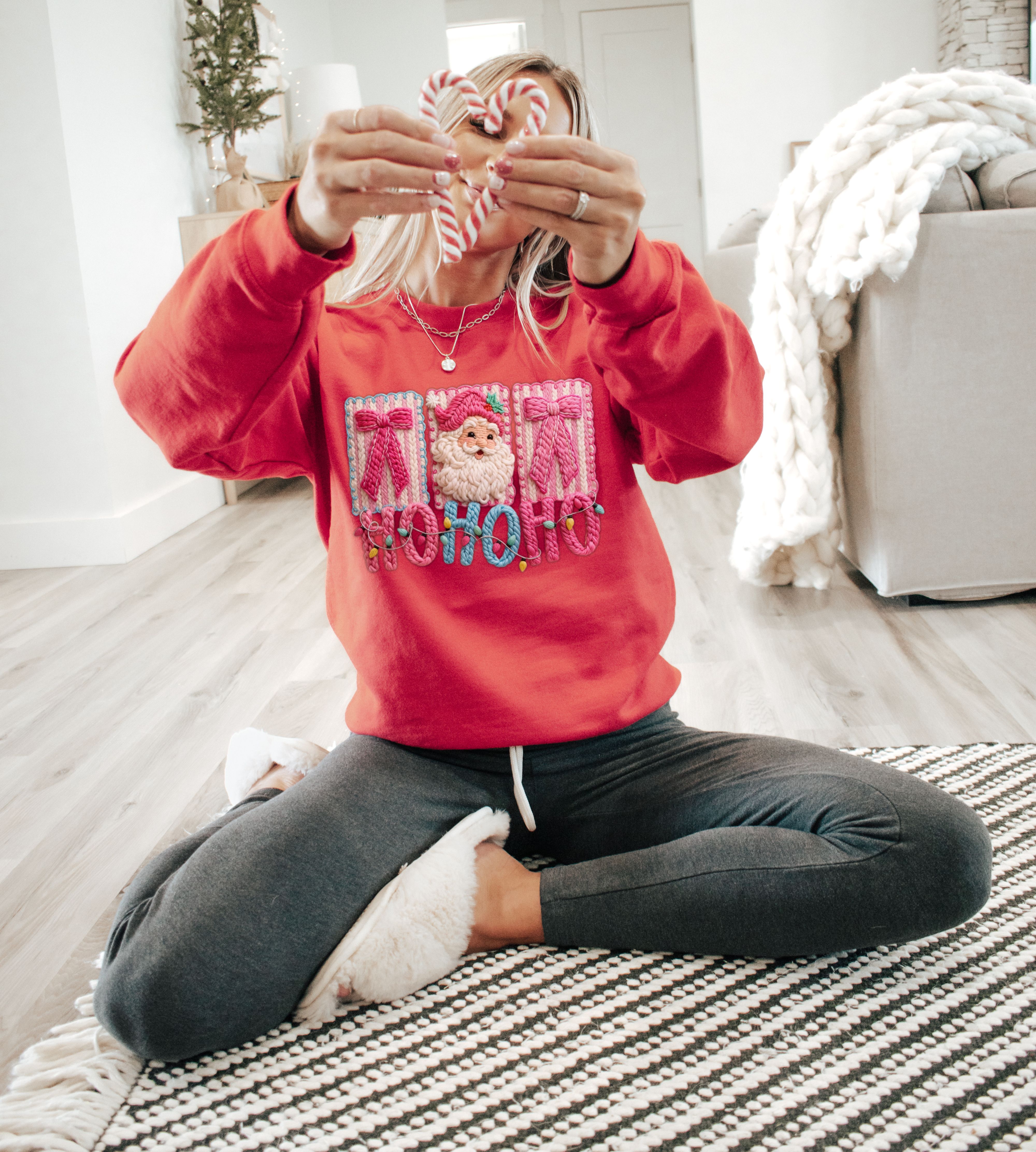 Coquette “Ho Ho Ho” Santa Sweatshirt | Faux Yarn Look 🎀💖🎅🏼 product thumbnail image Coquette “Ho Ho Ho” Santa Sweatshirt | Faux Yarn Look 🎀💖🎅🏼 product thumbnail image