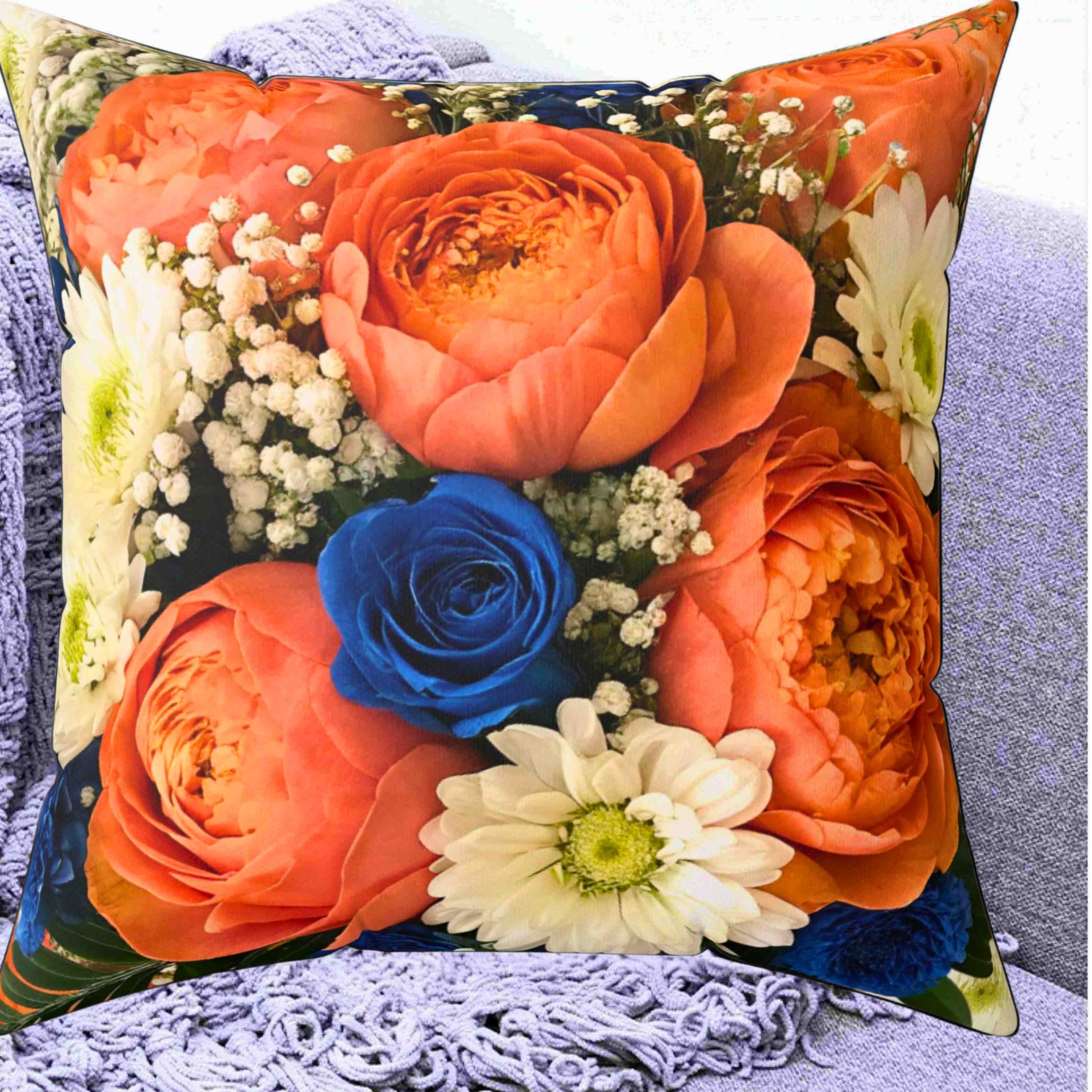 Orange Ranunculus and Blue Rose Bouquet Pillow | Floral Throw Pillow product thumbnail image