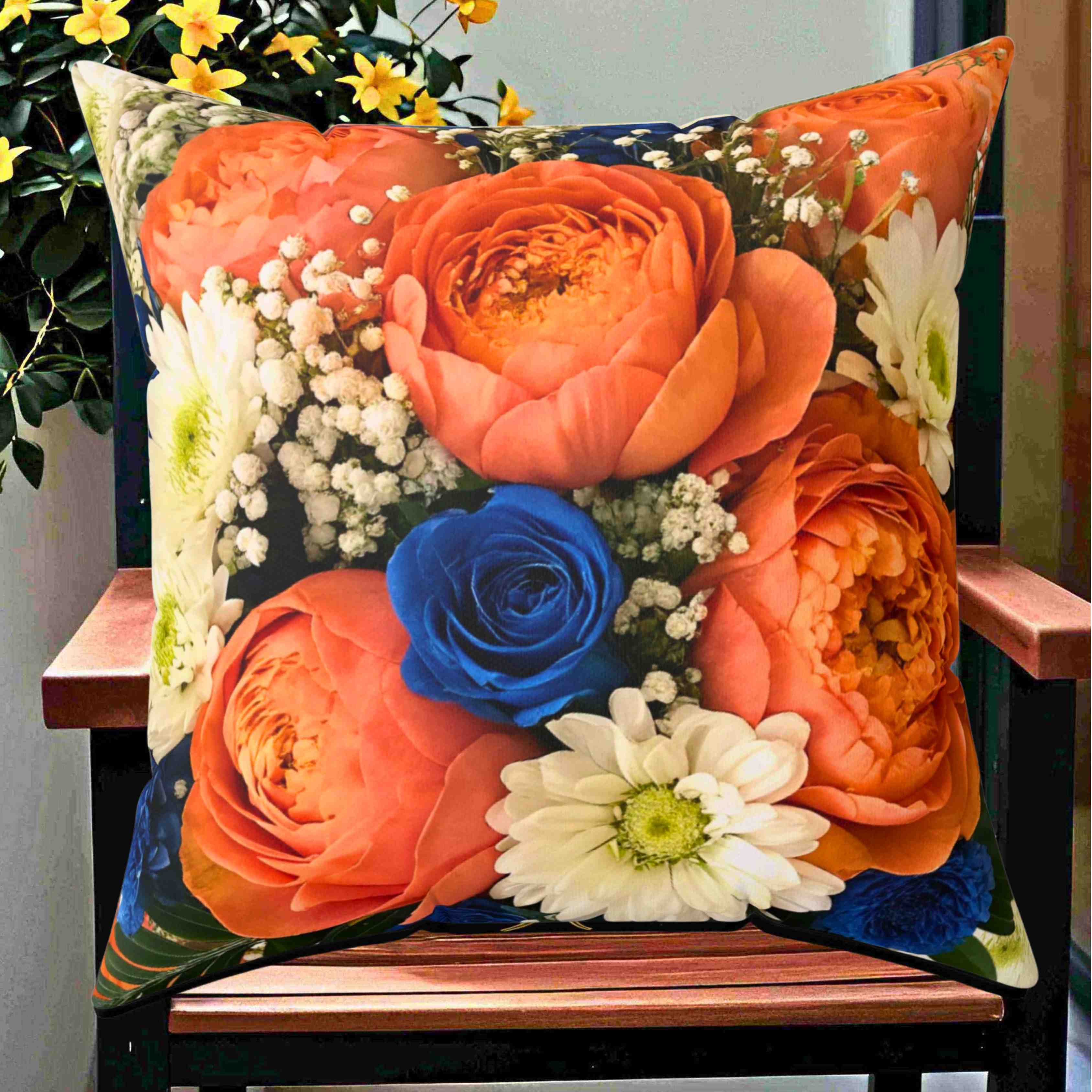 Orange Ranunculus and Blue Rose Bouquet Pillow | Floral Throw Pillow