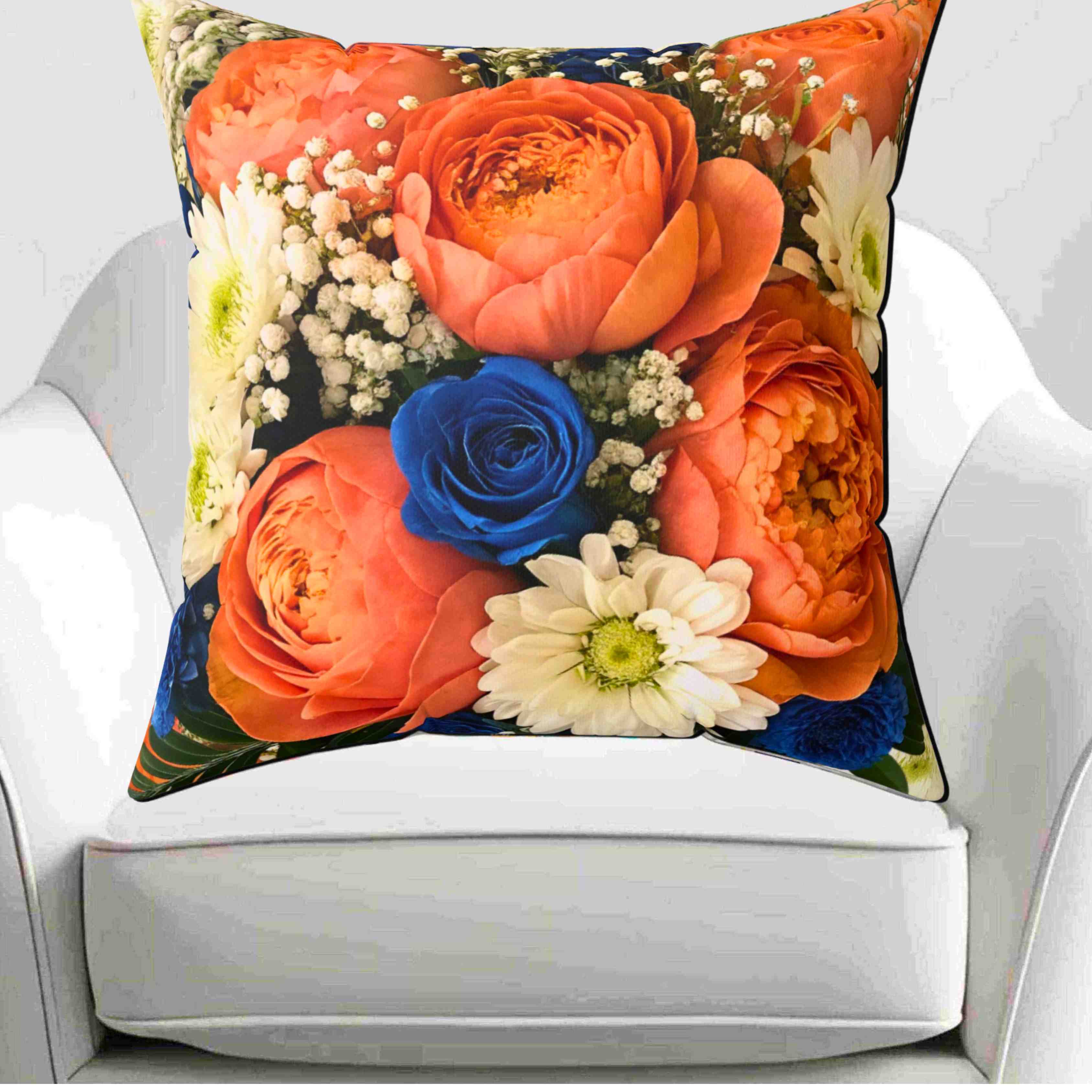 Orange Ranunculus and Blue Rose Bouquet Pillow | Floral Throw Pillow product thumbnail image