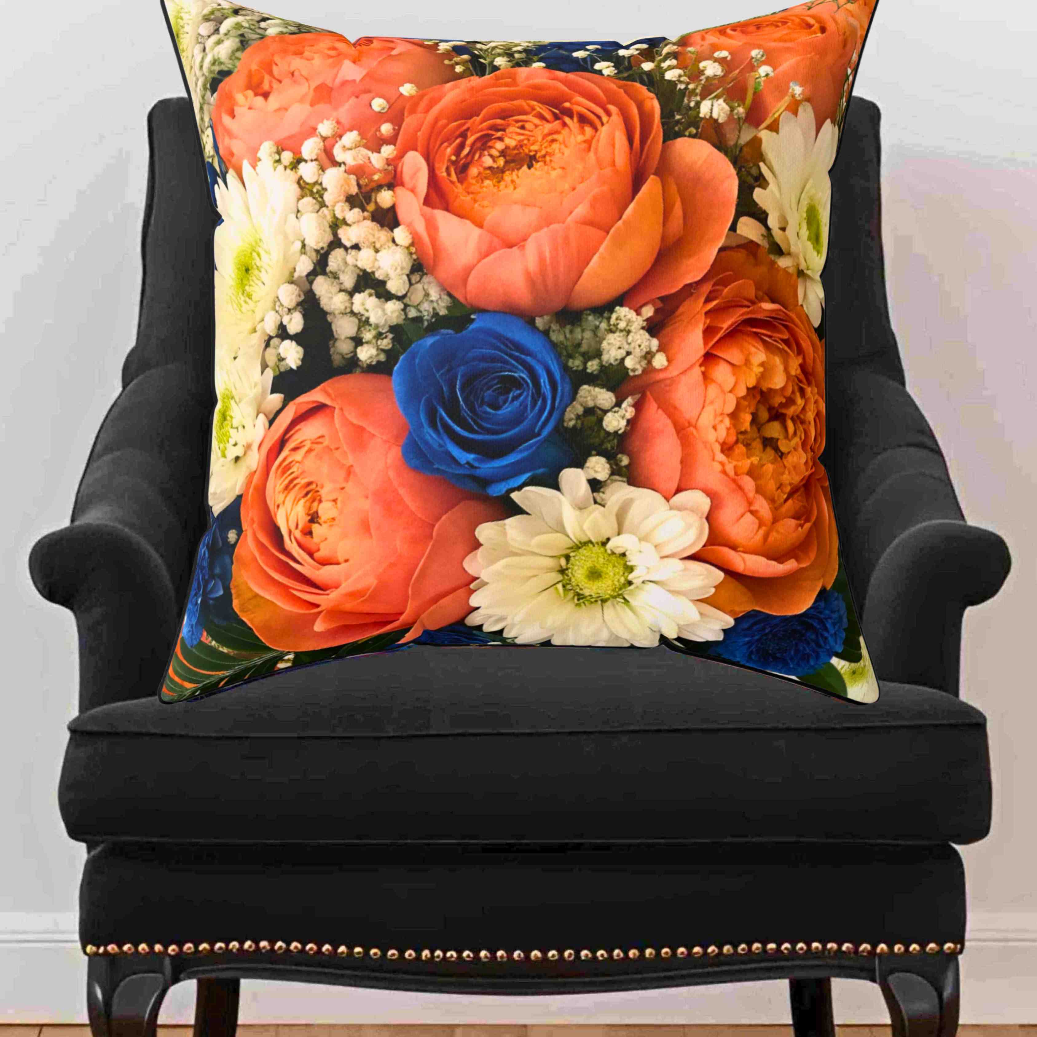 Orange Ranunculus and Blue Rose Bouquet Pillow | Floral Throw Pillow product thumbnail image