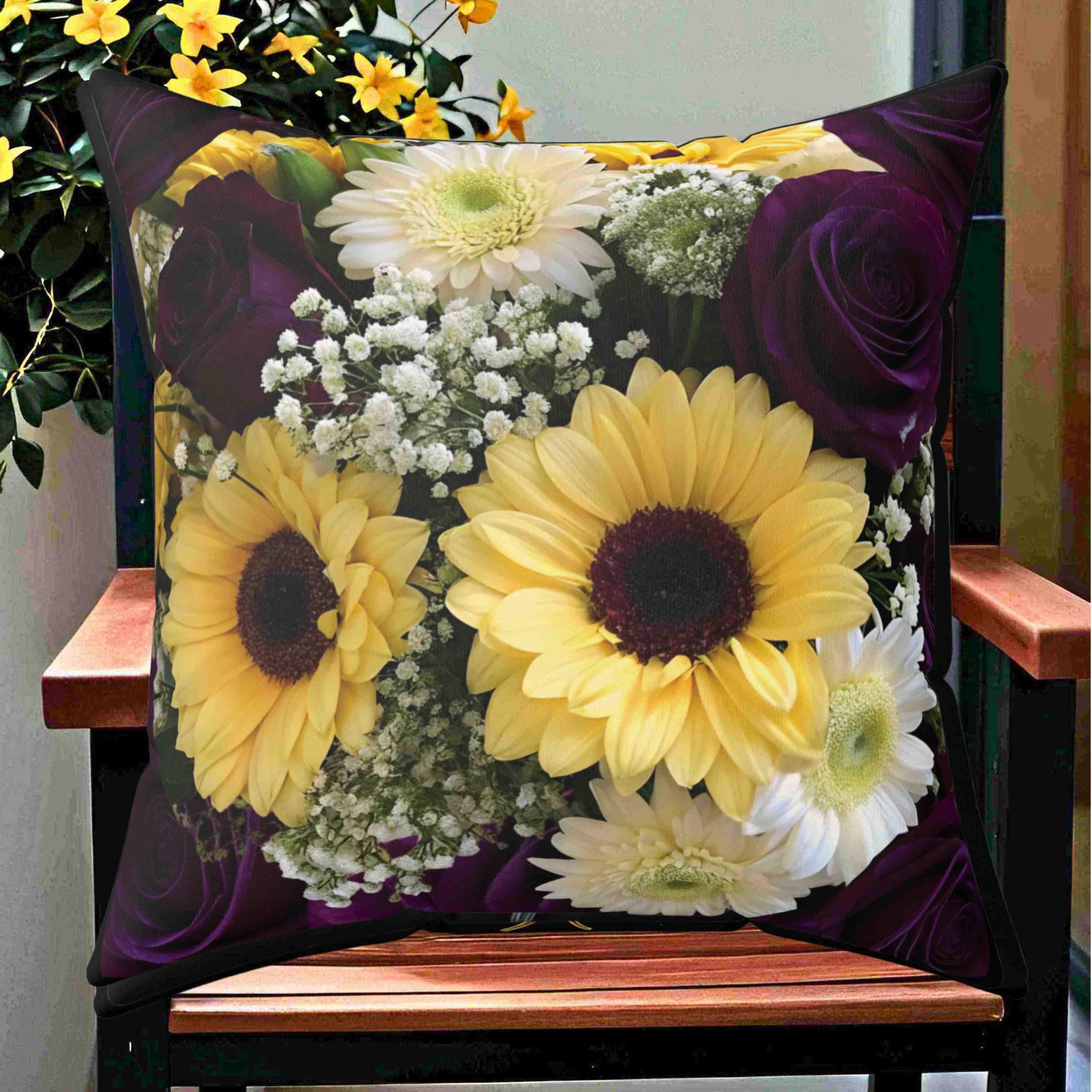 Sunflowers and Purple Roses Floral Square Pillow | Floral Decorative Pillow product thumbnail image