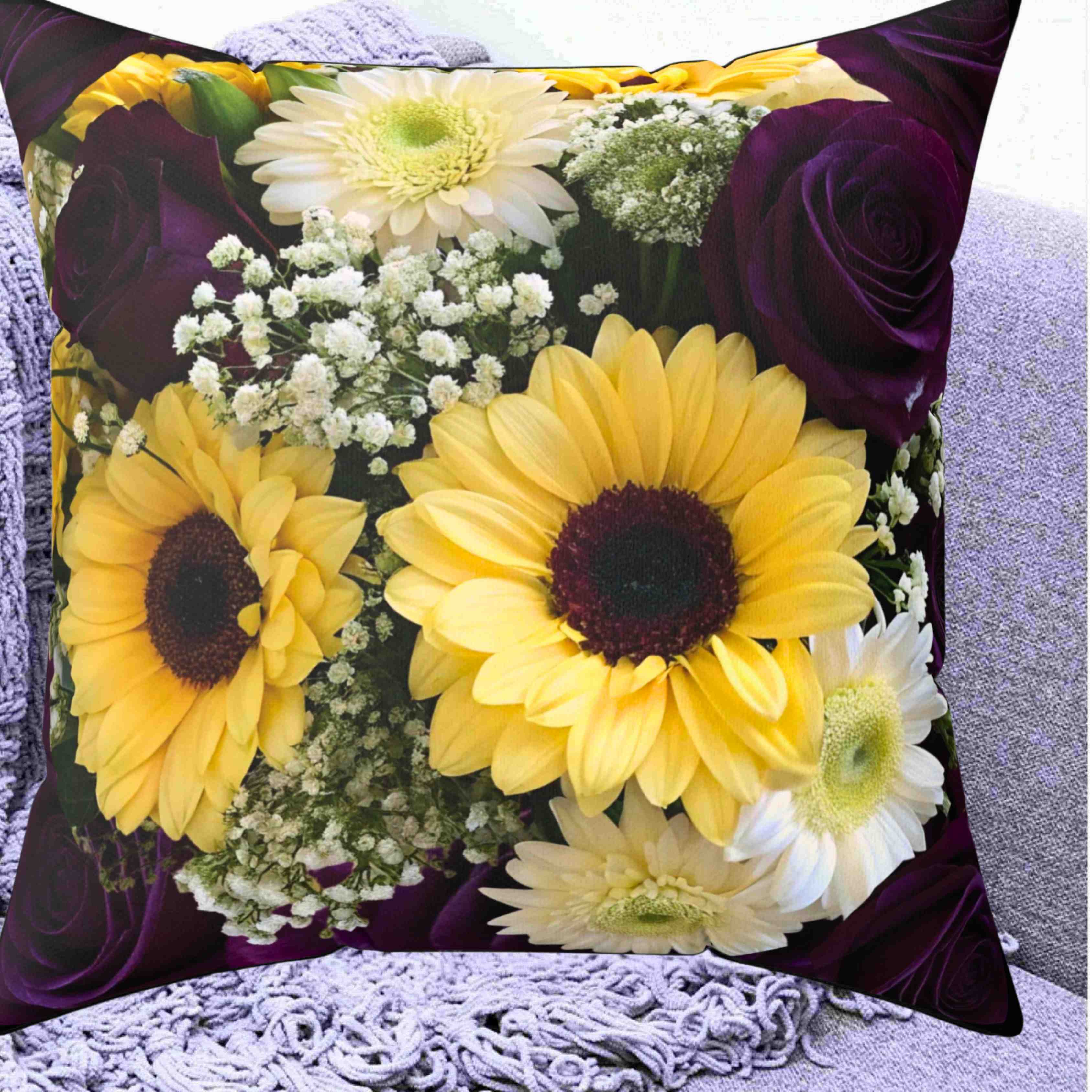 Sunflowers and Purple Roses Floral Square Pillow | Floral Decorative Pillow product thumbnail image
