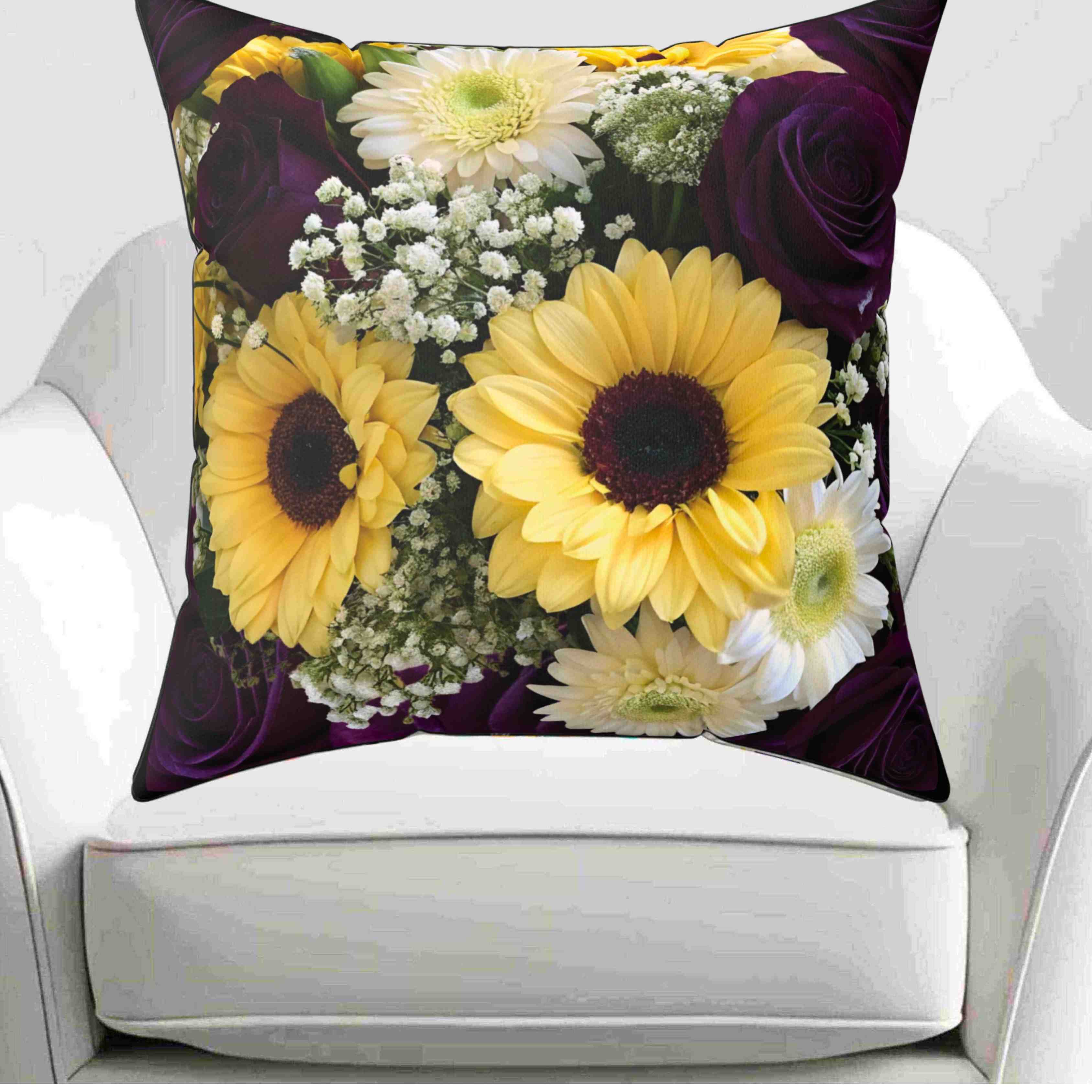 Sunflowers and Purple Roses Floral Square Pillow | Floral Decorative Pillow product thumbnail image