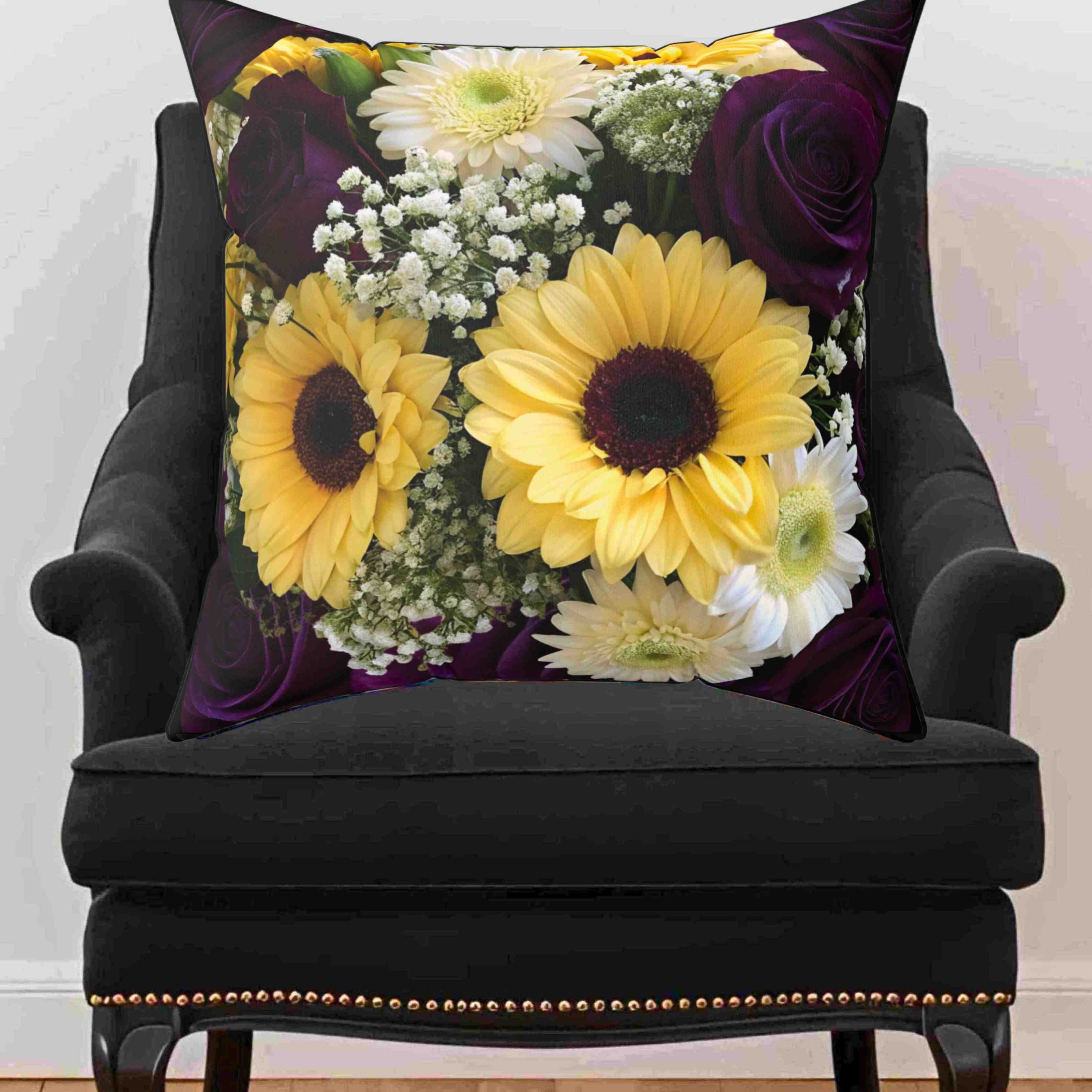 Sunflowers and Purple Roses Floral Square Pillow | Floral Decorative Pillow product thumbnail image