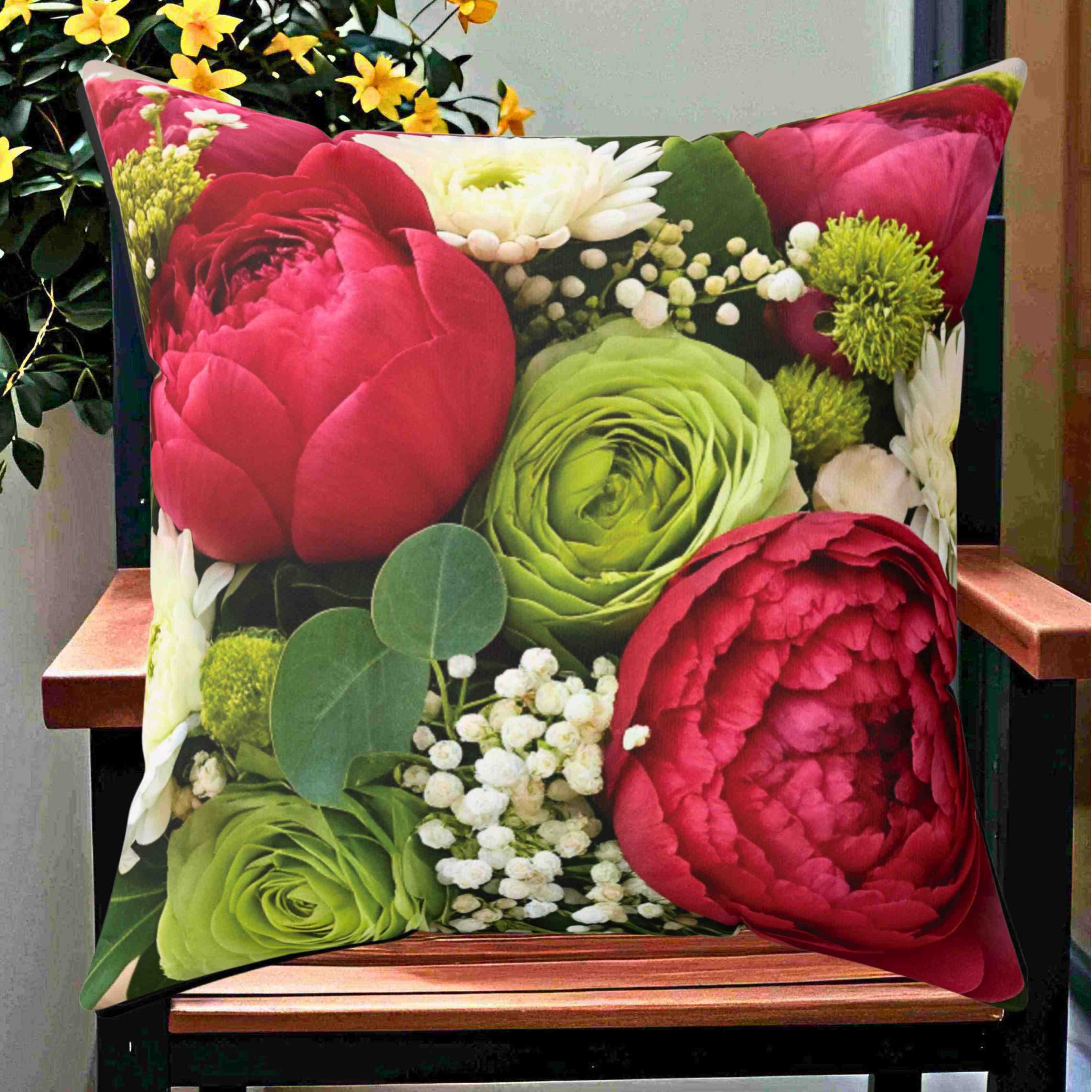 Red and Green Peony Rose Floral Pillow | Square Throw Pillow