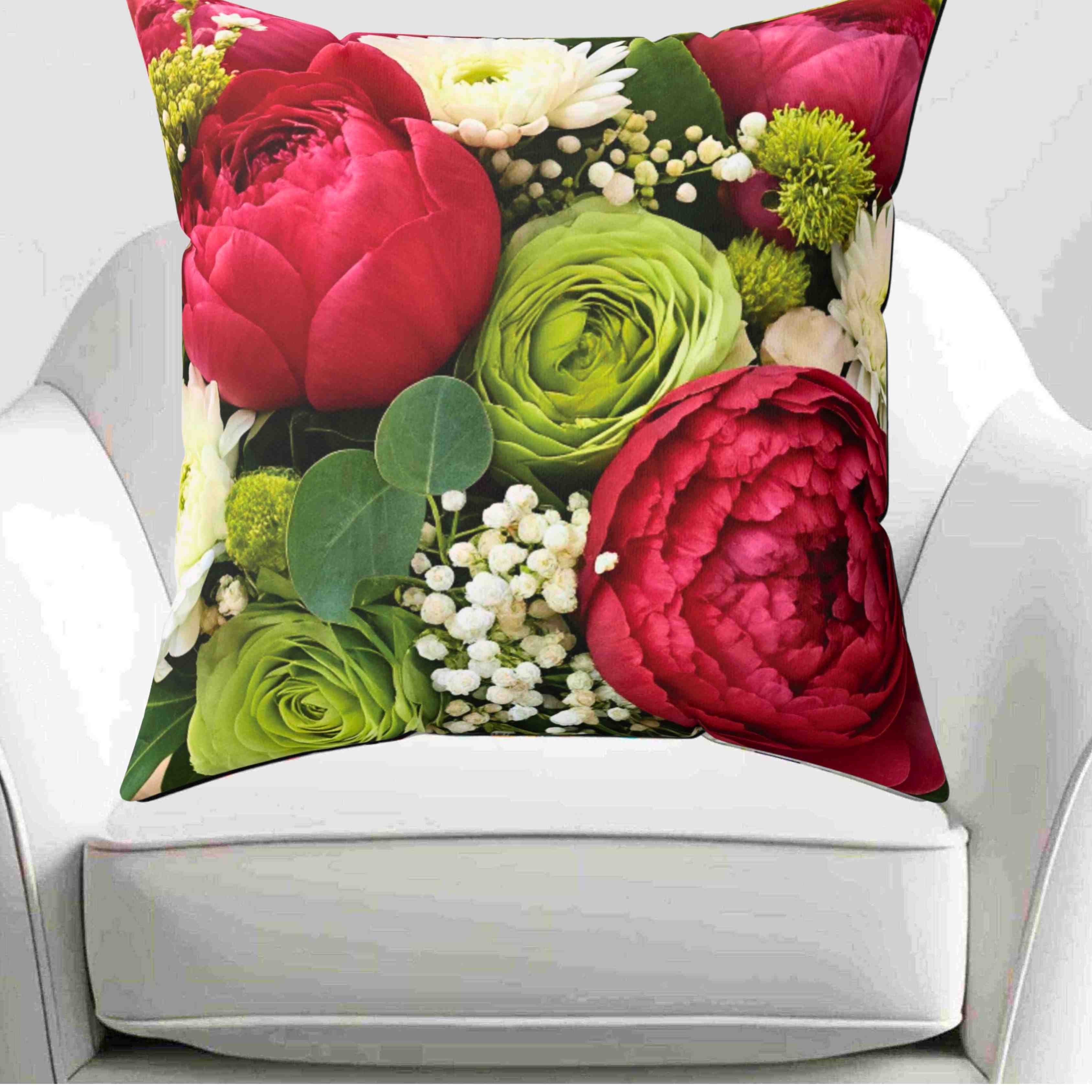 Red and Green Peony Rose Floral Pillow | Square Throw Pillow product thumbnail image