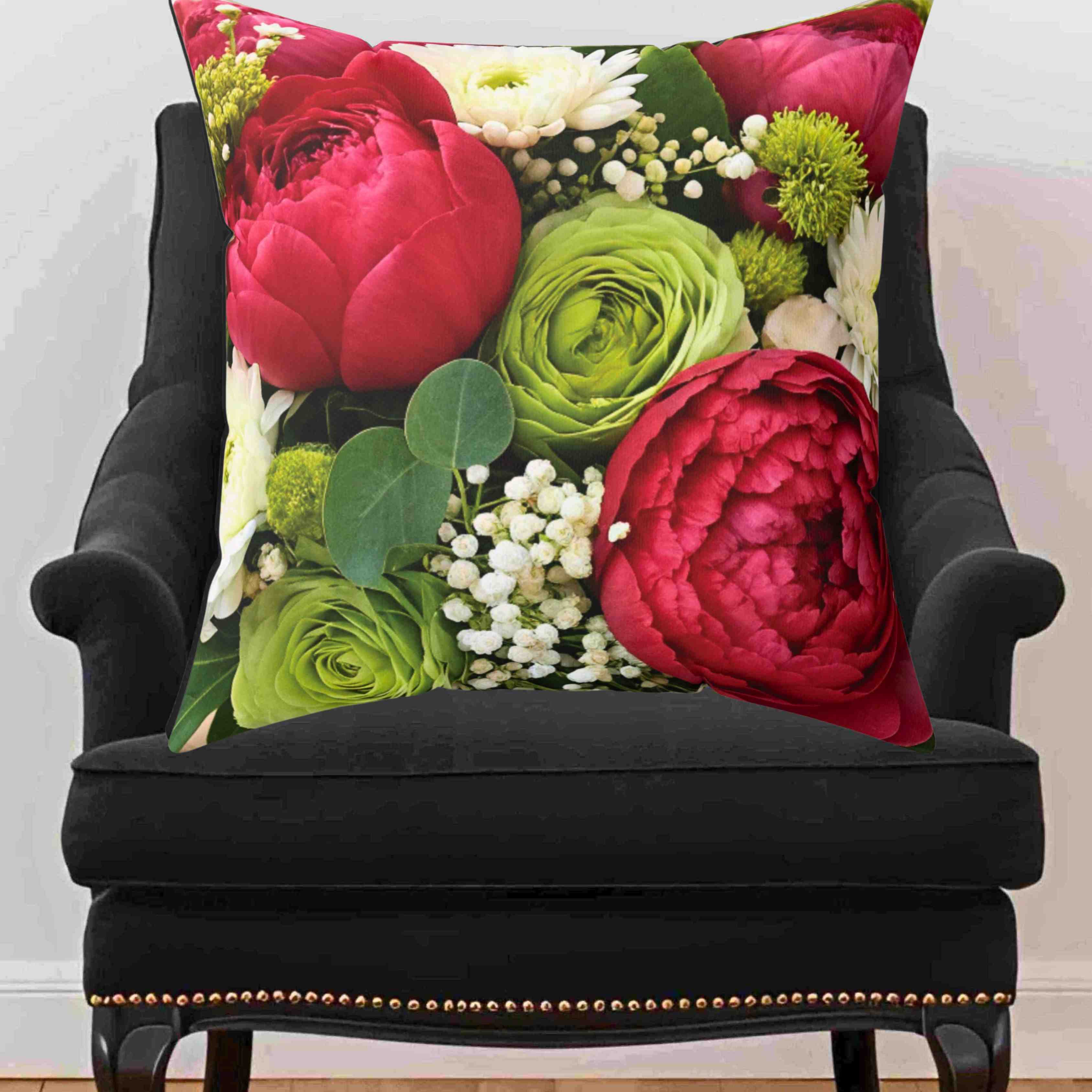 Red and Green Peony Rose Floral Pillow | Square Throw Pillow product thumbnail image